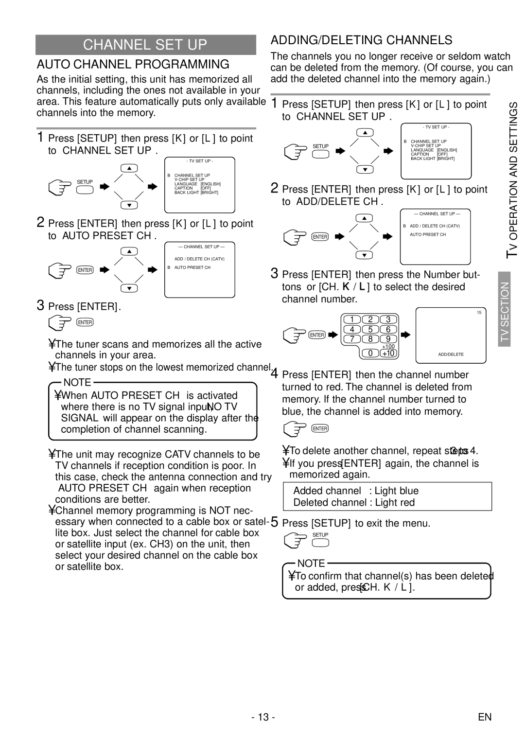 Sylvania 6615LDF manual Channel SET UP, Auto Channel Programming, ADDING/DELETING Channels, Operation and Settings 