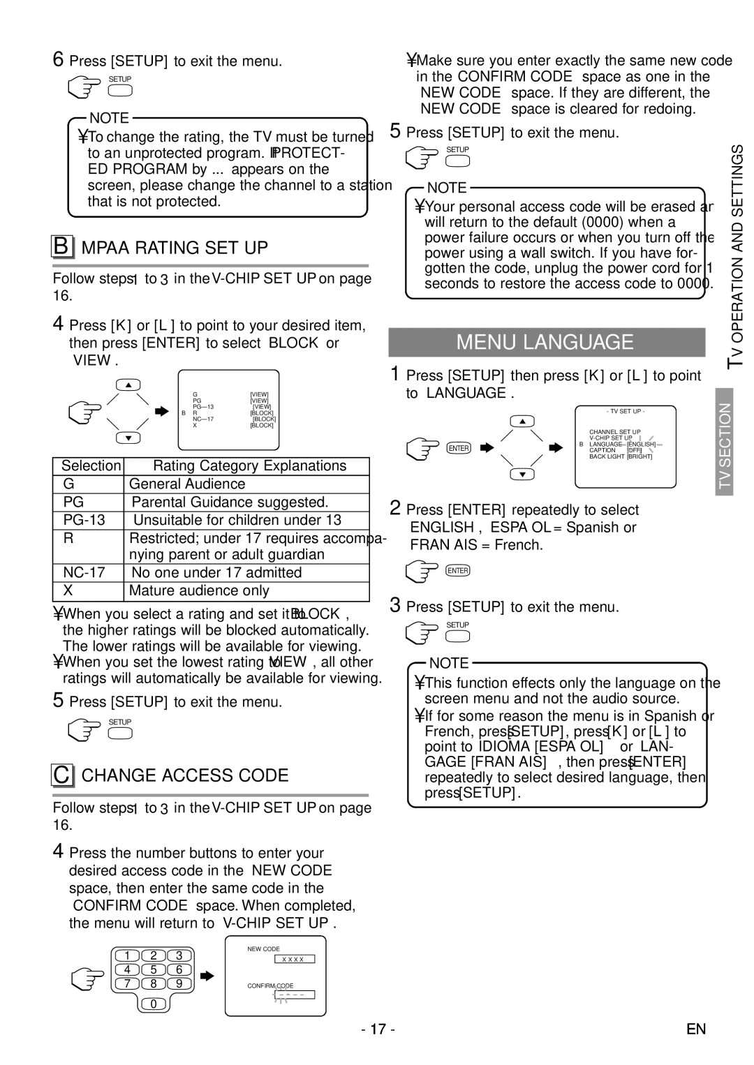 Sylvania 6615LDF manual Menu Language, Press Setup then press K or L to point to Language, TV Operation and Settings 