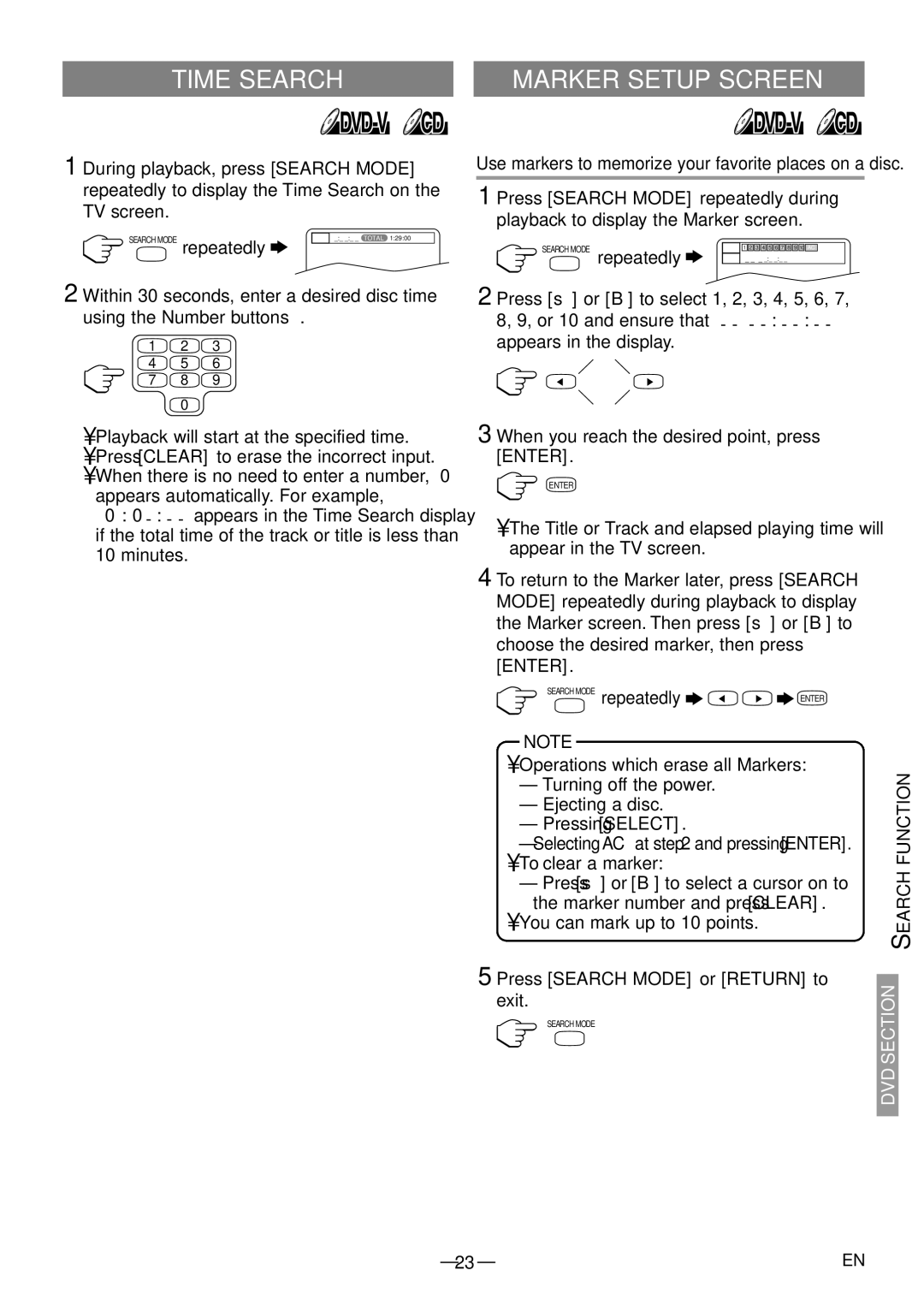 Sylvania 6615LDF manual Time Search, Marker Setup Screen, Repeatedly, Press Search Mode or Return to, Exit 