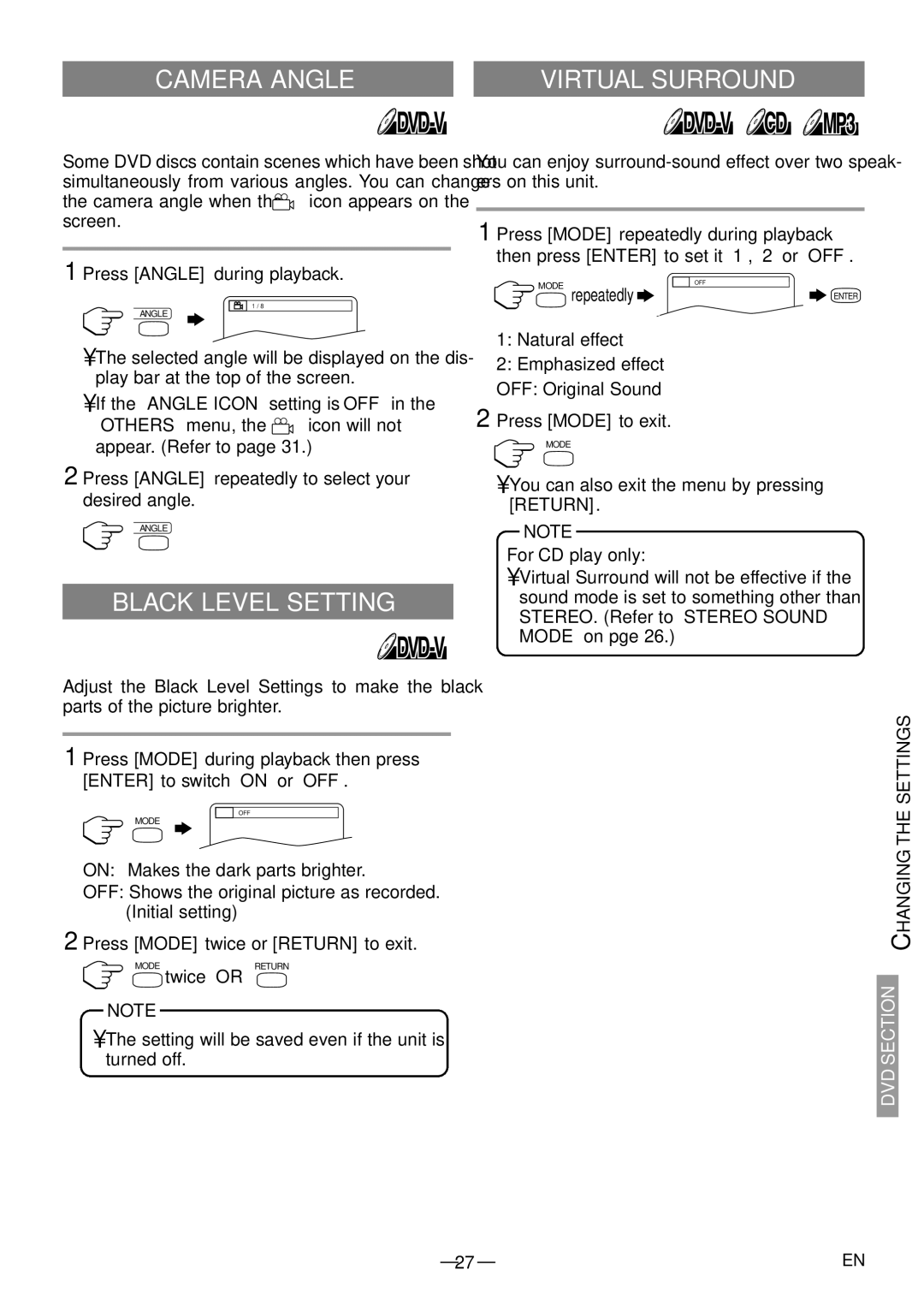 Sylvania 6615LDF manual Camera Angle, Black Level Setting, Return, For CD play only, Changing the Settings 