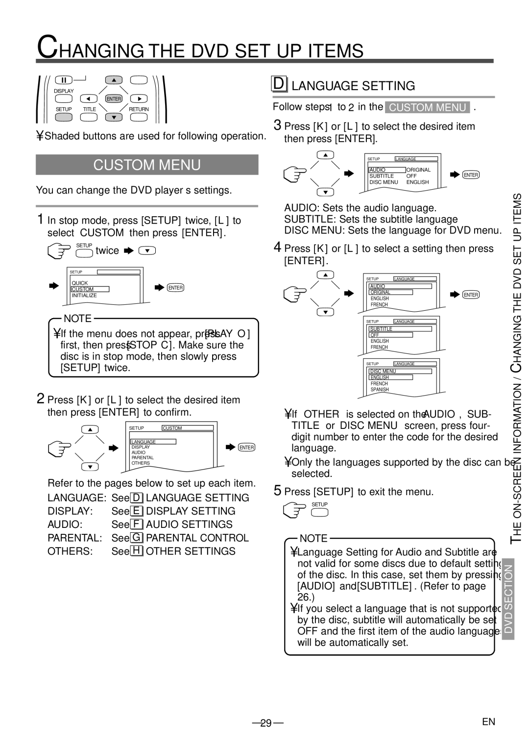 Sylvania 6615LDF manual Changing the DVD SET UP Items, Custom Menu 