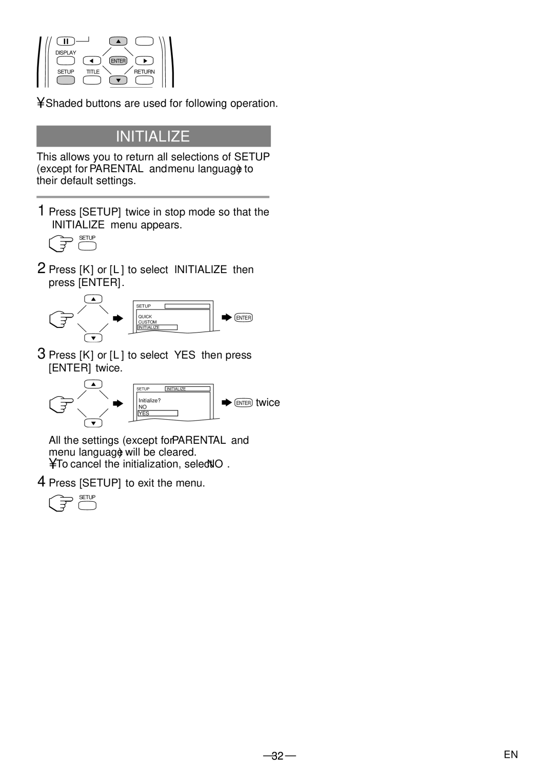 Sylvania 6615LDF Press K or L to select Initialize then press Enter, Press K or L to select YES then press Enter twice 