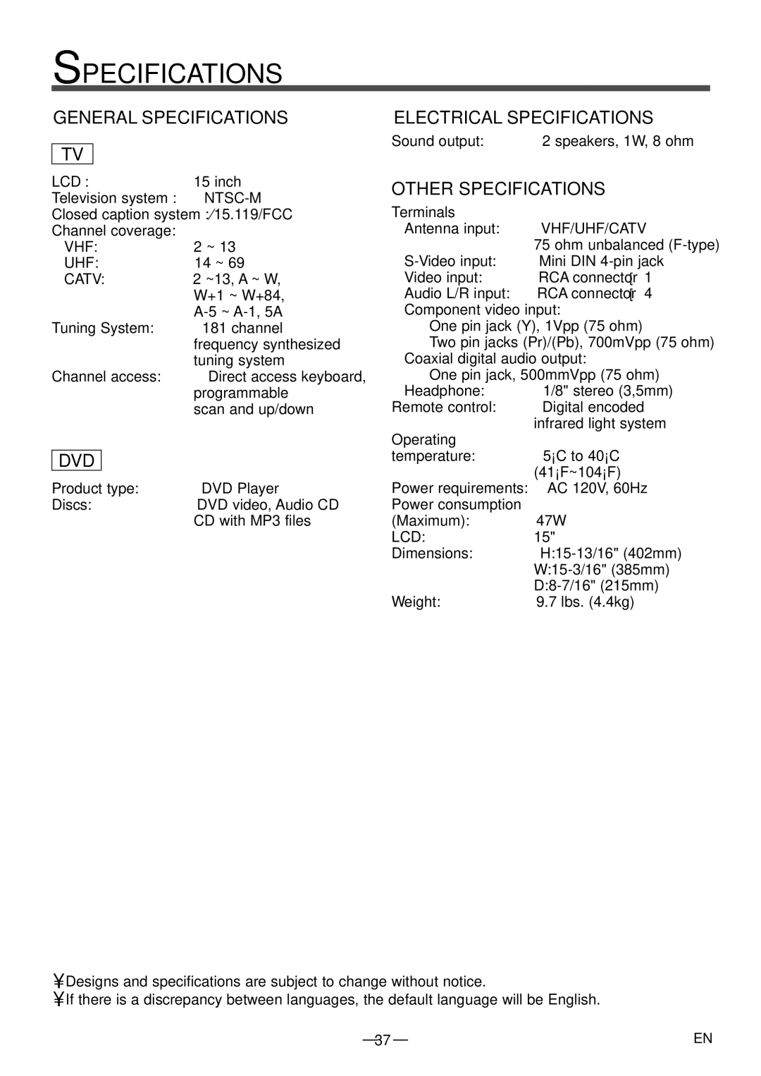 Sylvania 6615LDF manual General Specifications, Electrical Specifications, Other Specifications 