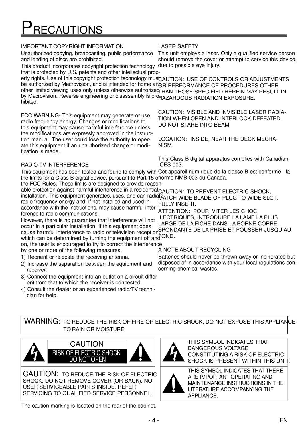 Sylvania 6615LDF manual Precautions, Important Copyright Information 