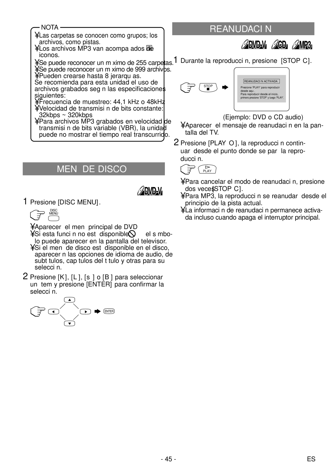 Sylvania 6615LDF manual Menú DE Disco, Reanudación, Presione Disc Menu, Durante la reproducción, presione Stop C 