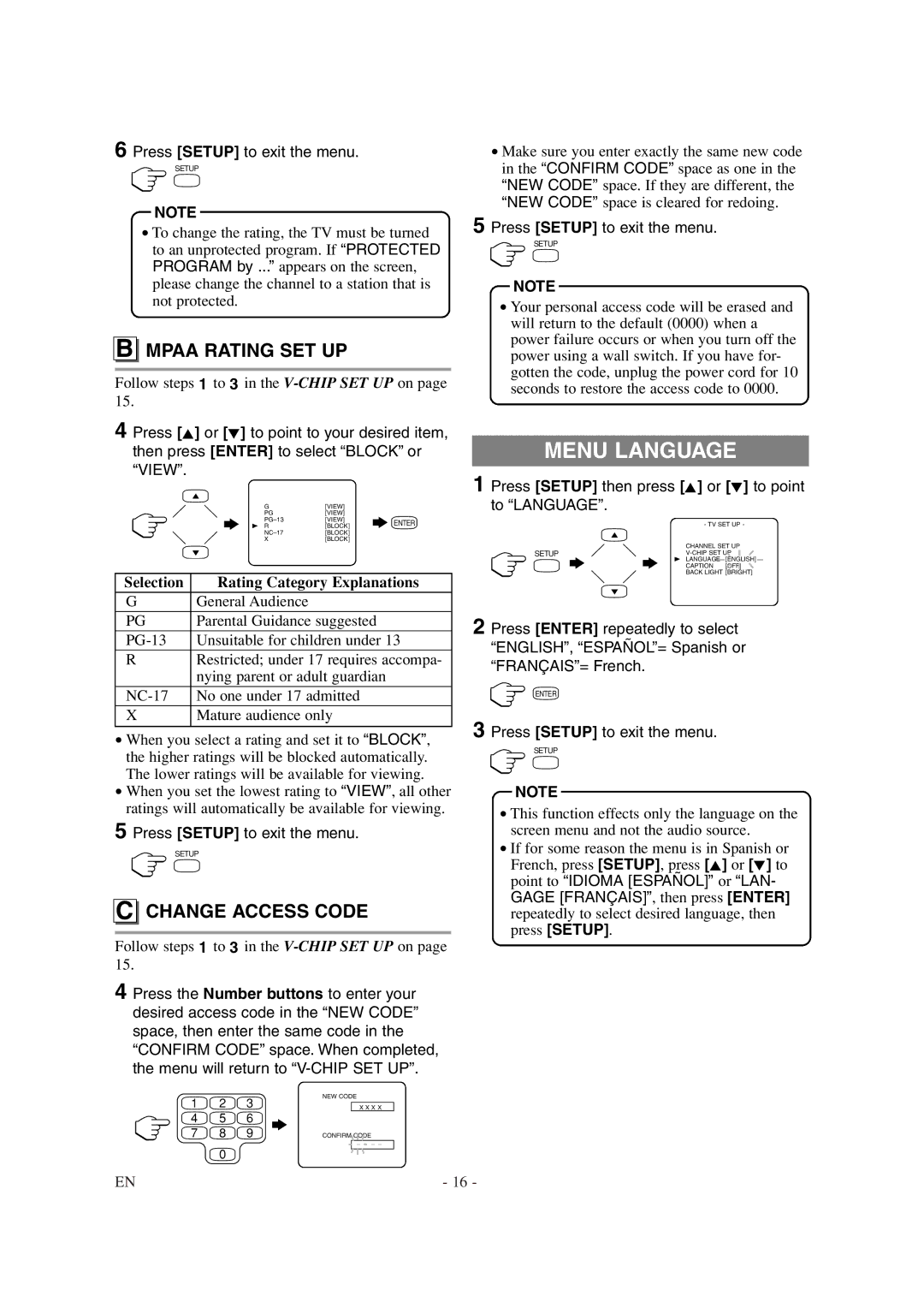 Sylvania 6615LDG Menu Language, Mpaa Rating SET UP, Change Access Code, Press Setup then press K or L to point to Language 