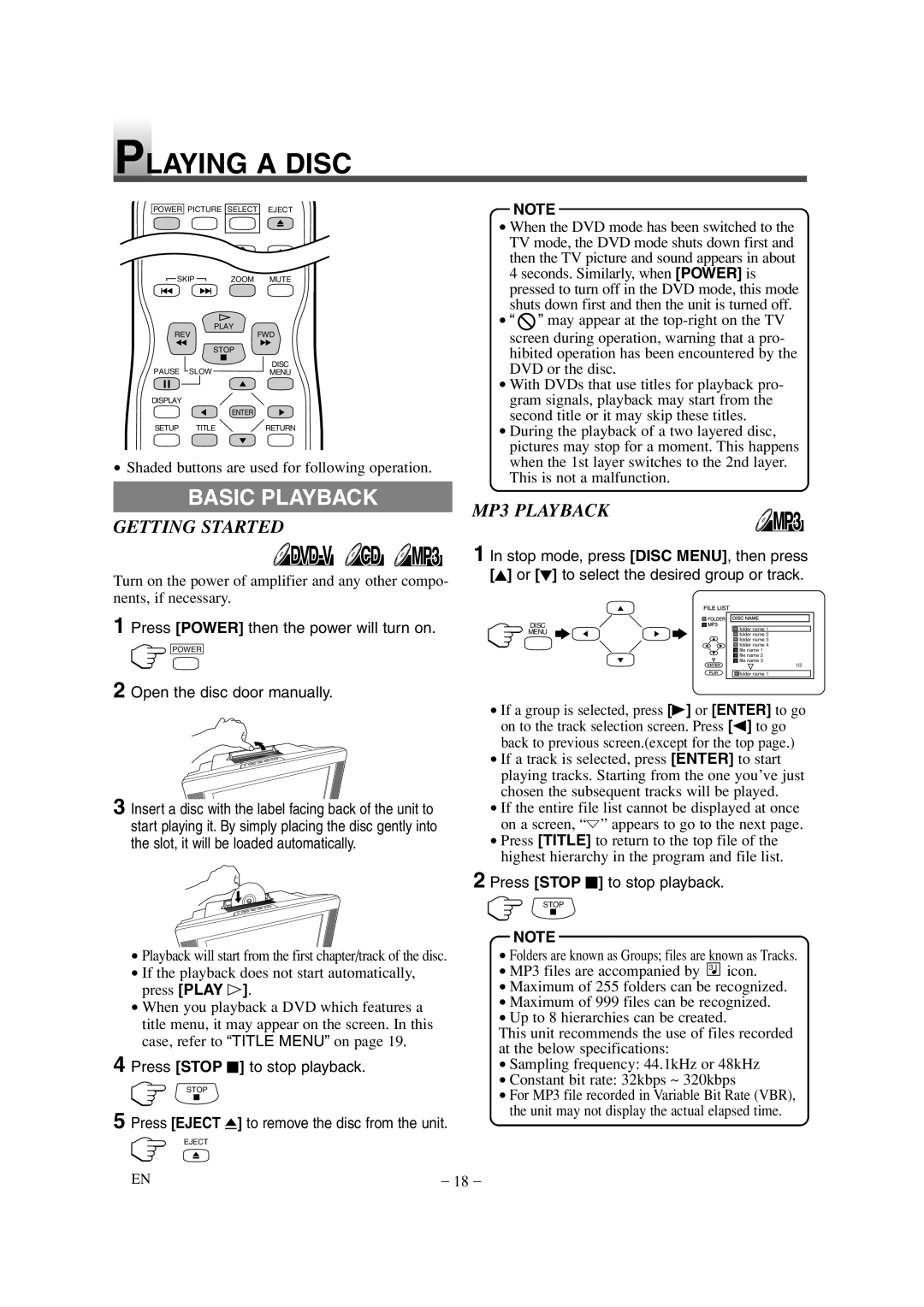 Sylvania 6615LDG owner manual Playing a Disc, Basic Playback, Getting Started, MP3 Playback 