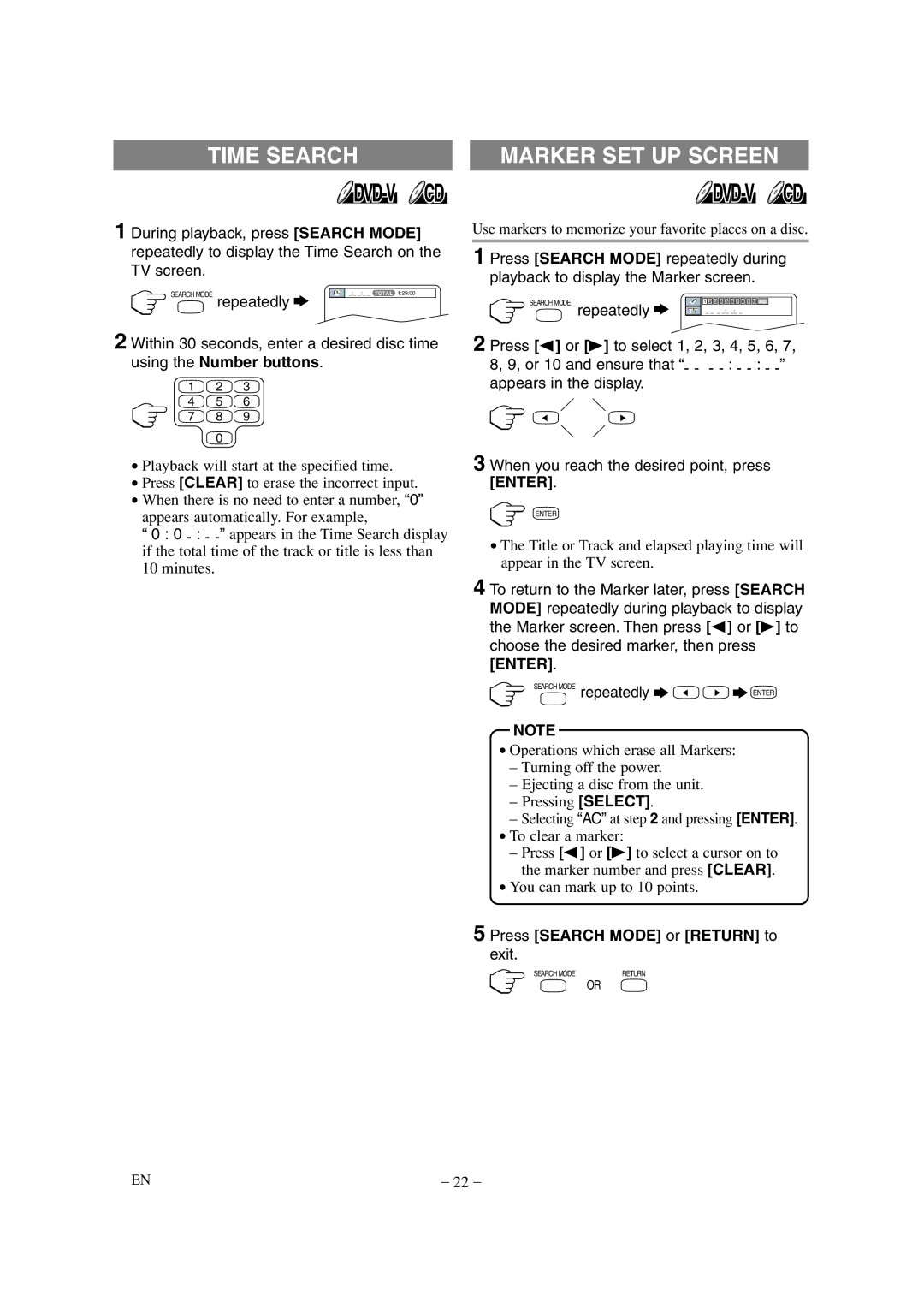 Sylvania 6615LDG owner manual Time Search, Marker SET UP Screen, Repeatedly, Press Search Mode or Return to exit 