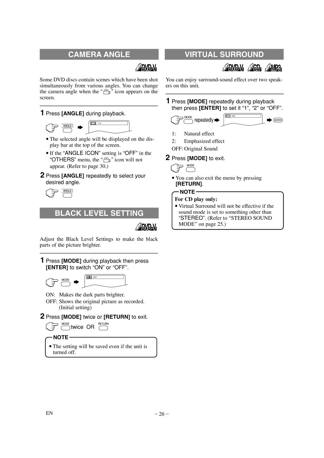 Sylvania 6615LDG owner manual Camera Angle Virtual Surround, Black Level Setting, Return, For CD play only 