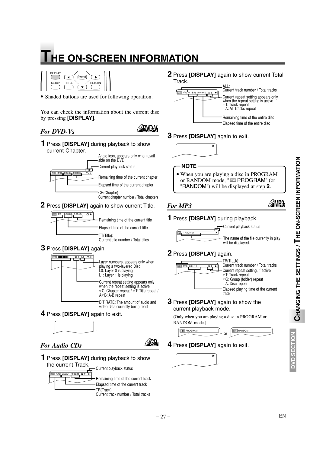 Sylvania 6615LDG owner manual ON-SCREEN Information, Changing the Settings / the ON-SCREEN 