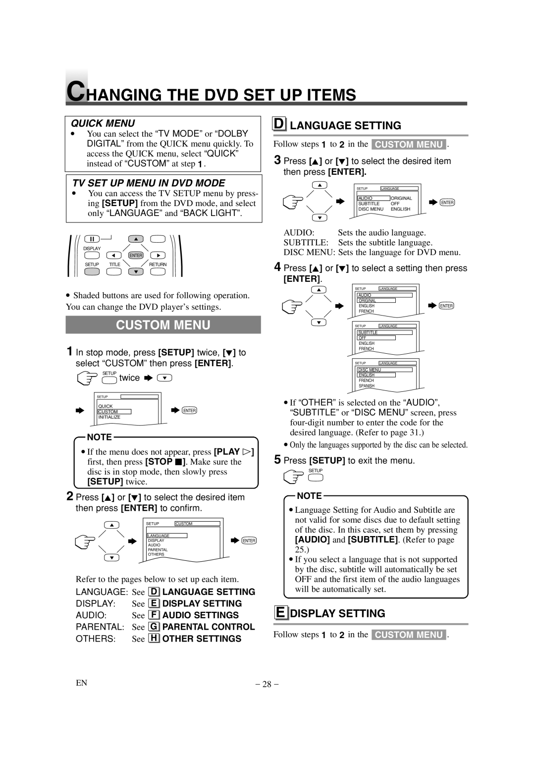 Sylvania 6615LDG owner manual Changing the DVD SET UP Items, Custom Menu, Language Setting, Display Setting 