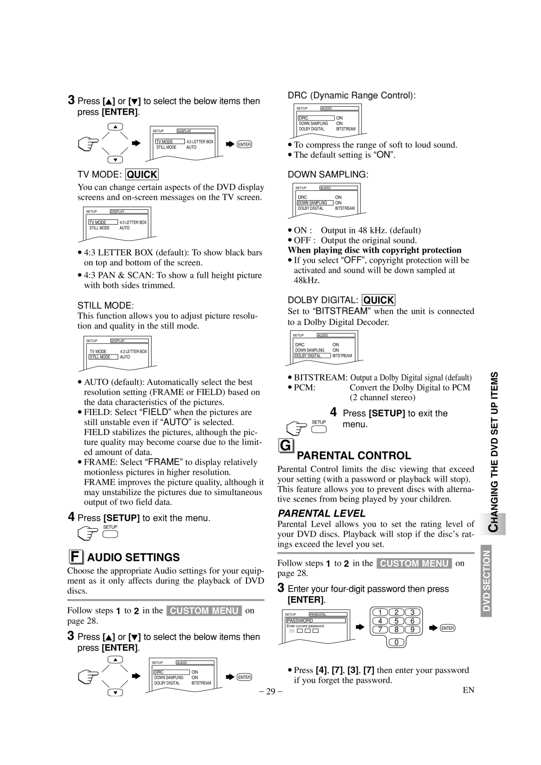 Sylvania 6615LDG owner manual Parental Control, Audio Settings, When playing disc with copyright protection 