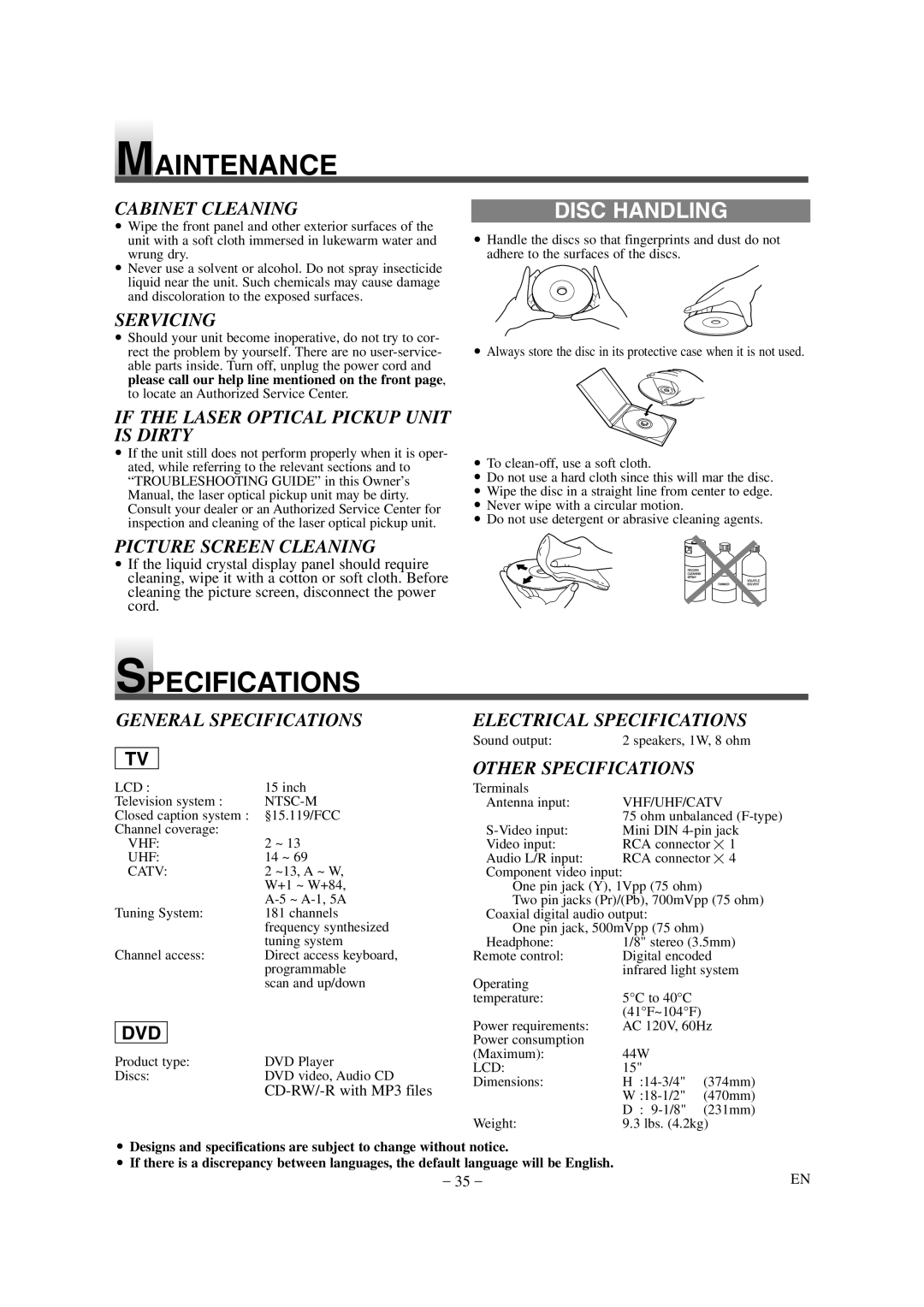 Sylvania 6615LDG owner manual Maintenance, Specifications, Disc Handling, Dvd 