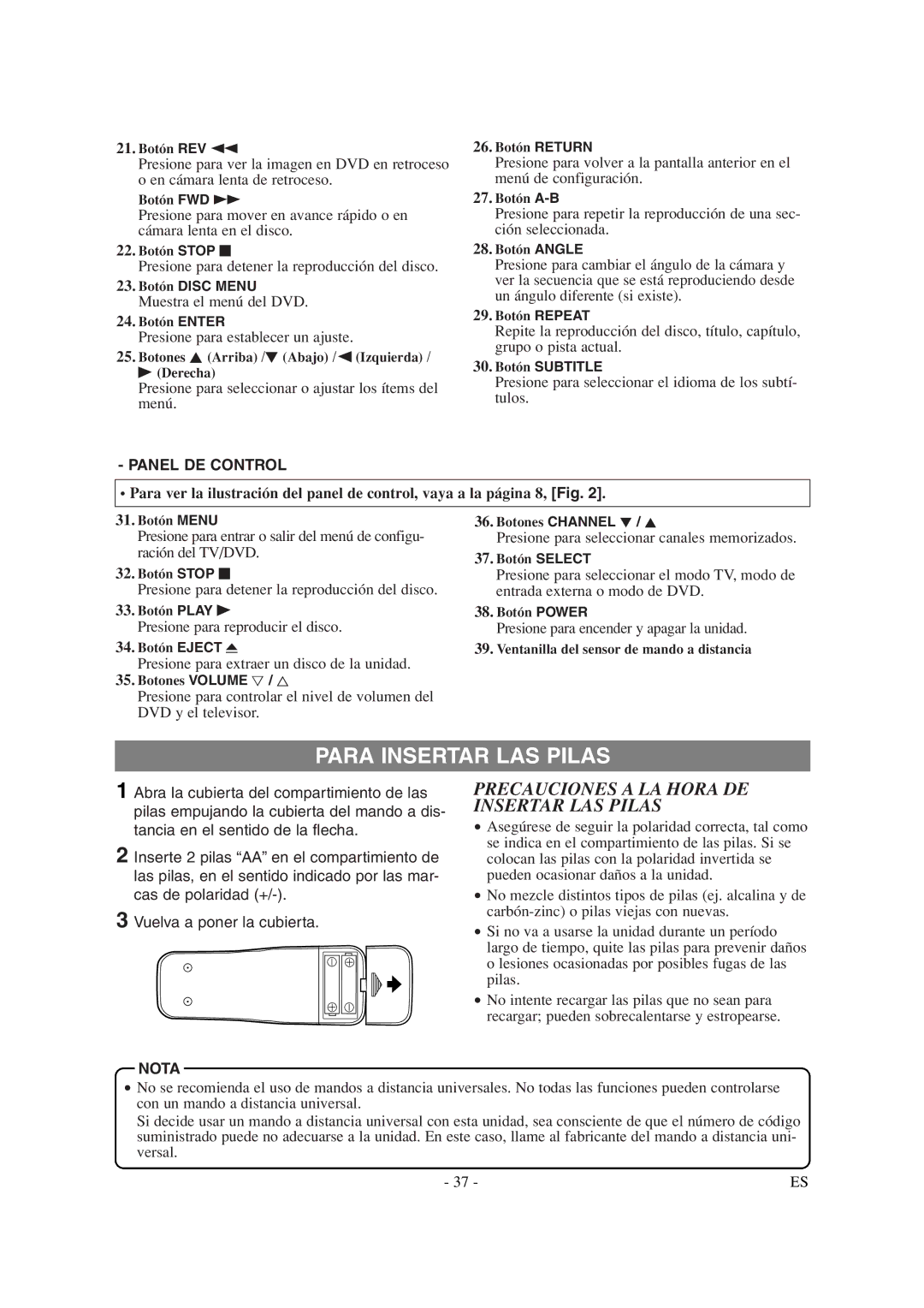 Sylvania 6615LDG owner manual Para Insertar LAS Pilas, Precauciones a LA Hora DE Insertar LAS Pilas, Panel DE Control 