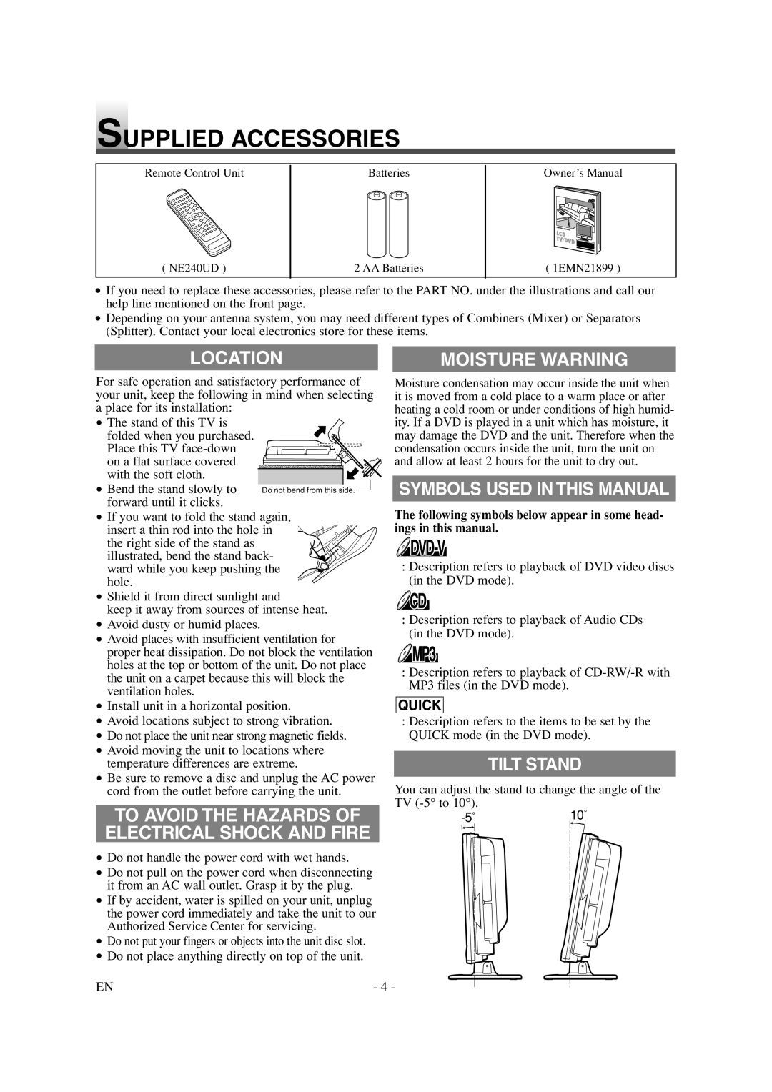 Sylvania 6615LDG owner manual Supplied Accessories, Location, Moisture Warning, Symbols Used in this Manual, Tilt Stand 