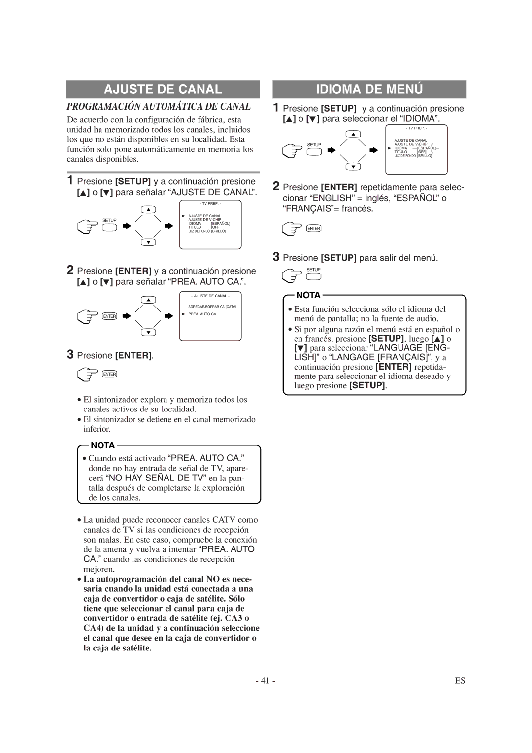 Sylvania 6615LDG owner manual Ajuste DE Canal, Idioma DE Menú, Presione Enter, Lish o Langage FRANÇAIS, y a 