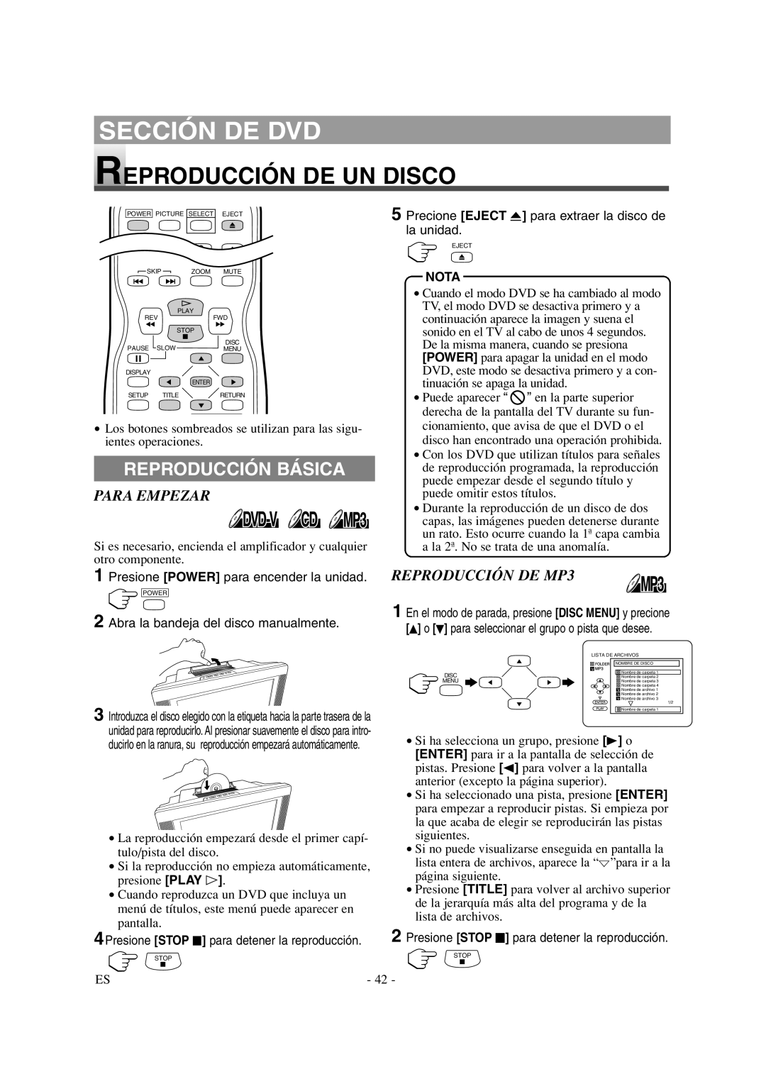 Sylvania 6615LDG owner manual Reproducción DE UN Disco, Reproducción Básica, Para Empezar, Reproducción DE MP3 