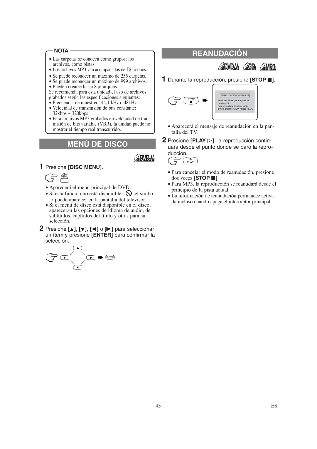 Sylvania 6615LDG owner manual Menú DE Disco, Reanudación, Presione Disc Menu, Durante la reproducción, presione Stop C 