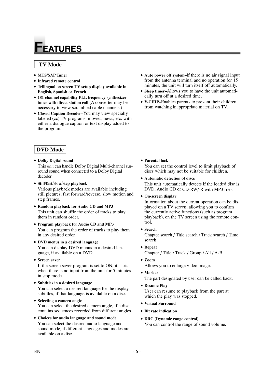 Sylvania 6615LDG owner manual Features, TV Mode 