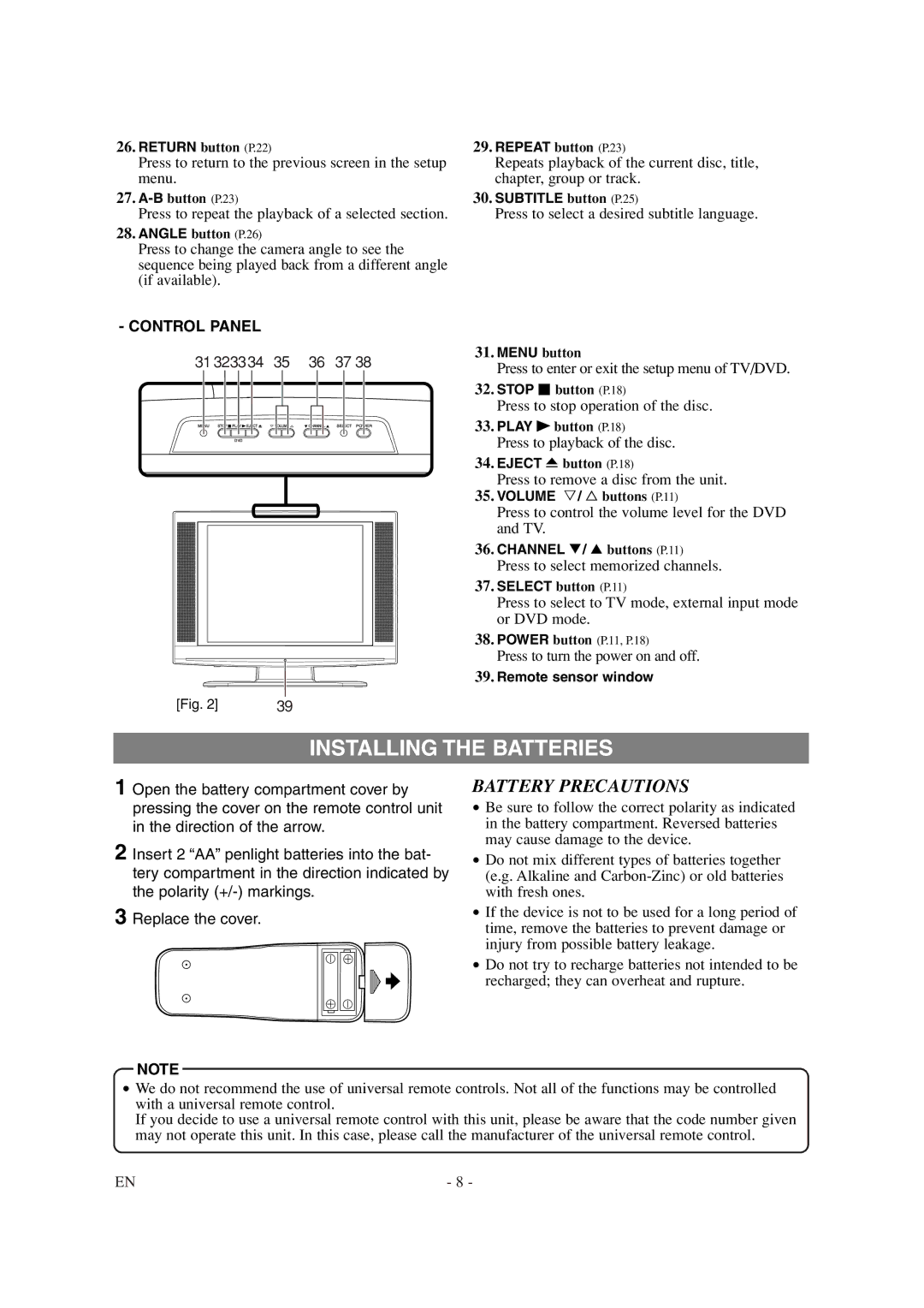 Sylvania 6615LDG owner manual Installing the Batteries, Battery Precautions, Control Panel 