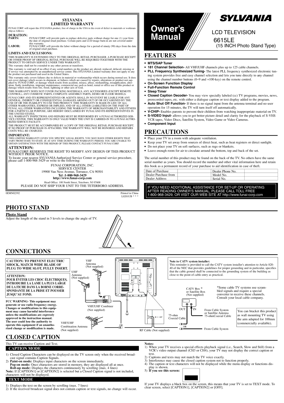 Sylvania 6615LE owner manual Features, Precautions, Photo Stand, Connections, Closed Caption 