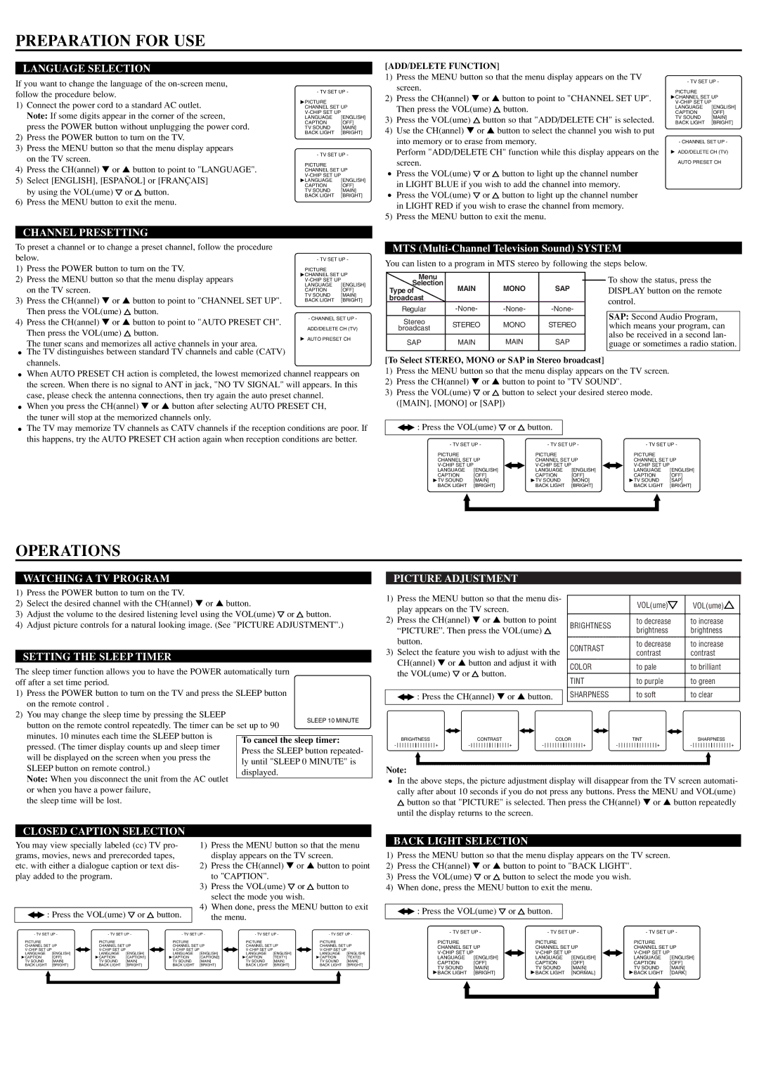 Sylvania 6615LE owner manual Preparation for USE, Operations 