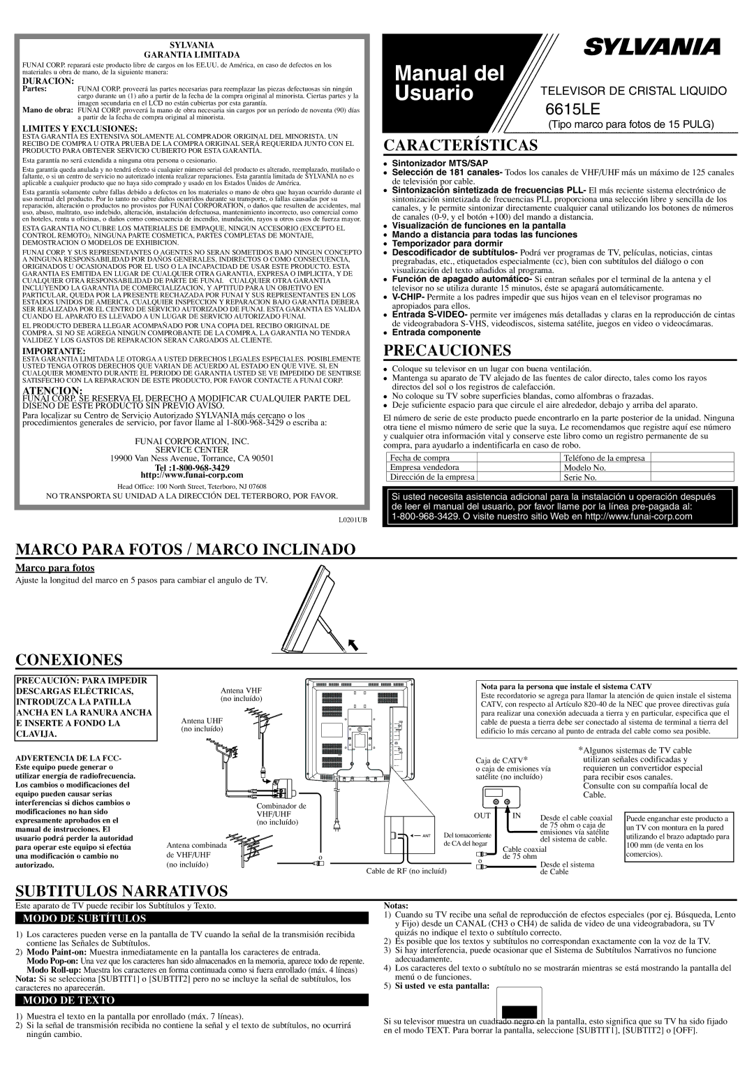 Sylvania 6615LE Características, Precauciones, Marco Para Fotos / Marco Inclinado, Conexiones, Subtitulos Narrativos 