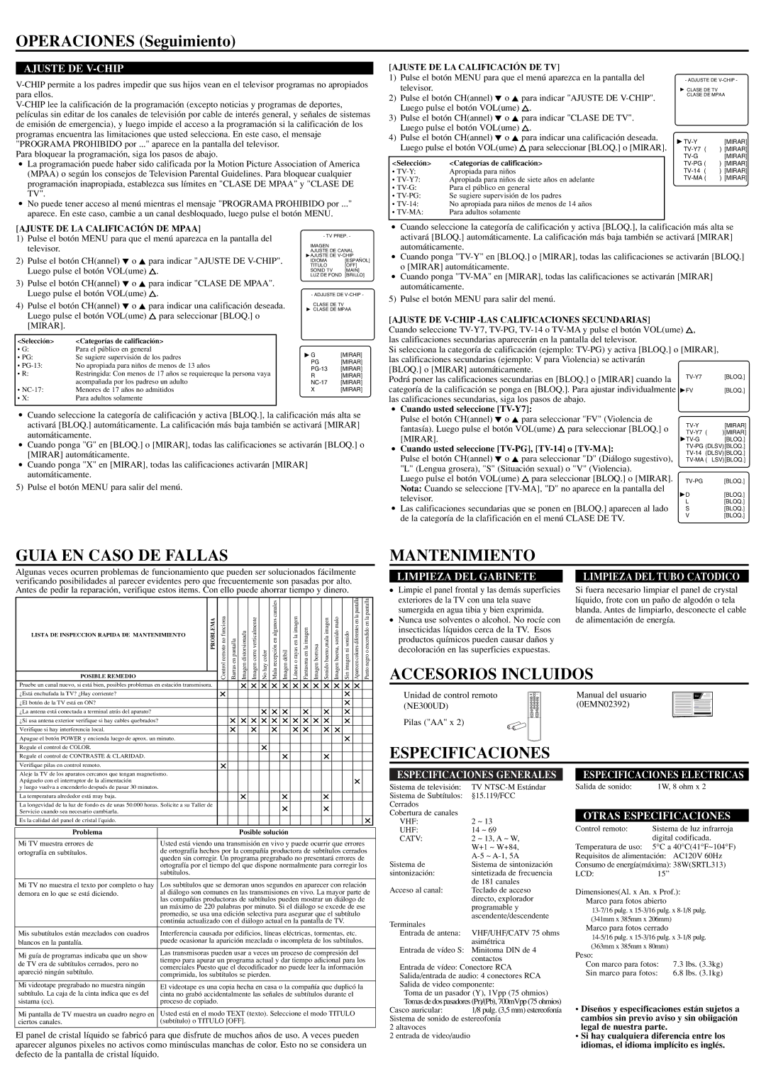 Sylvania 6615LE Operaciones Seguimiento, Guia EN Caso DE Fallas, Mantenimiento, Accesorios Incluidos, Especificaciones 