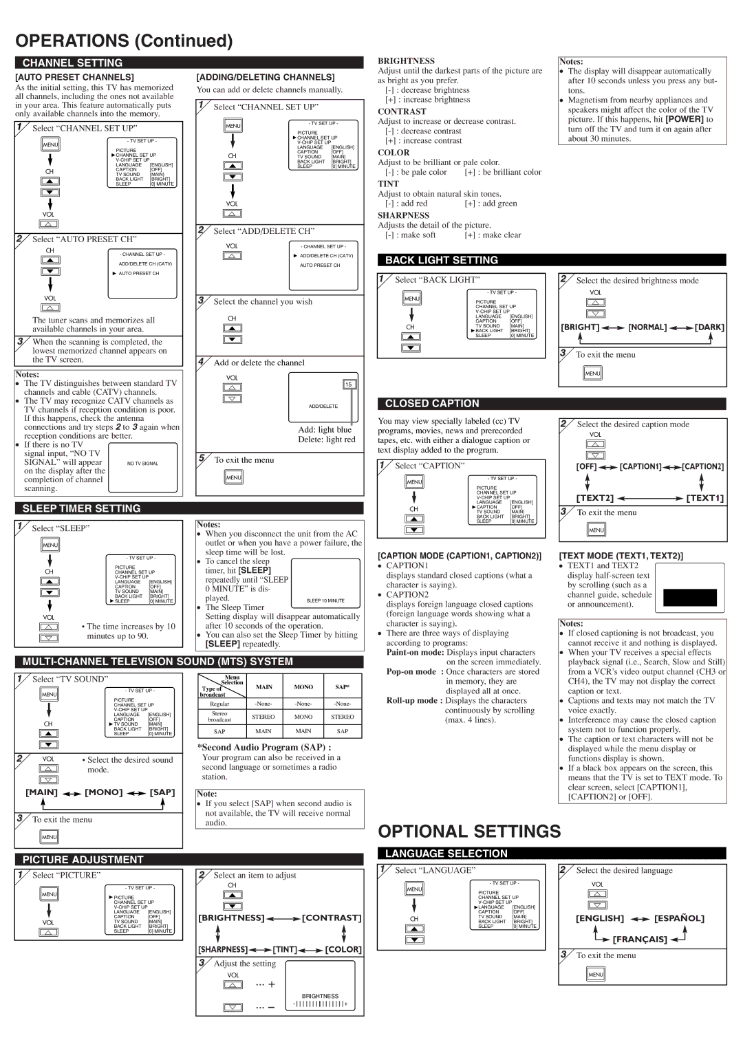 Sylvania 6615LF owner manual Operations, Optional Settings 