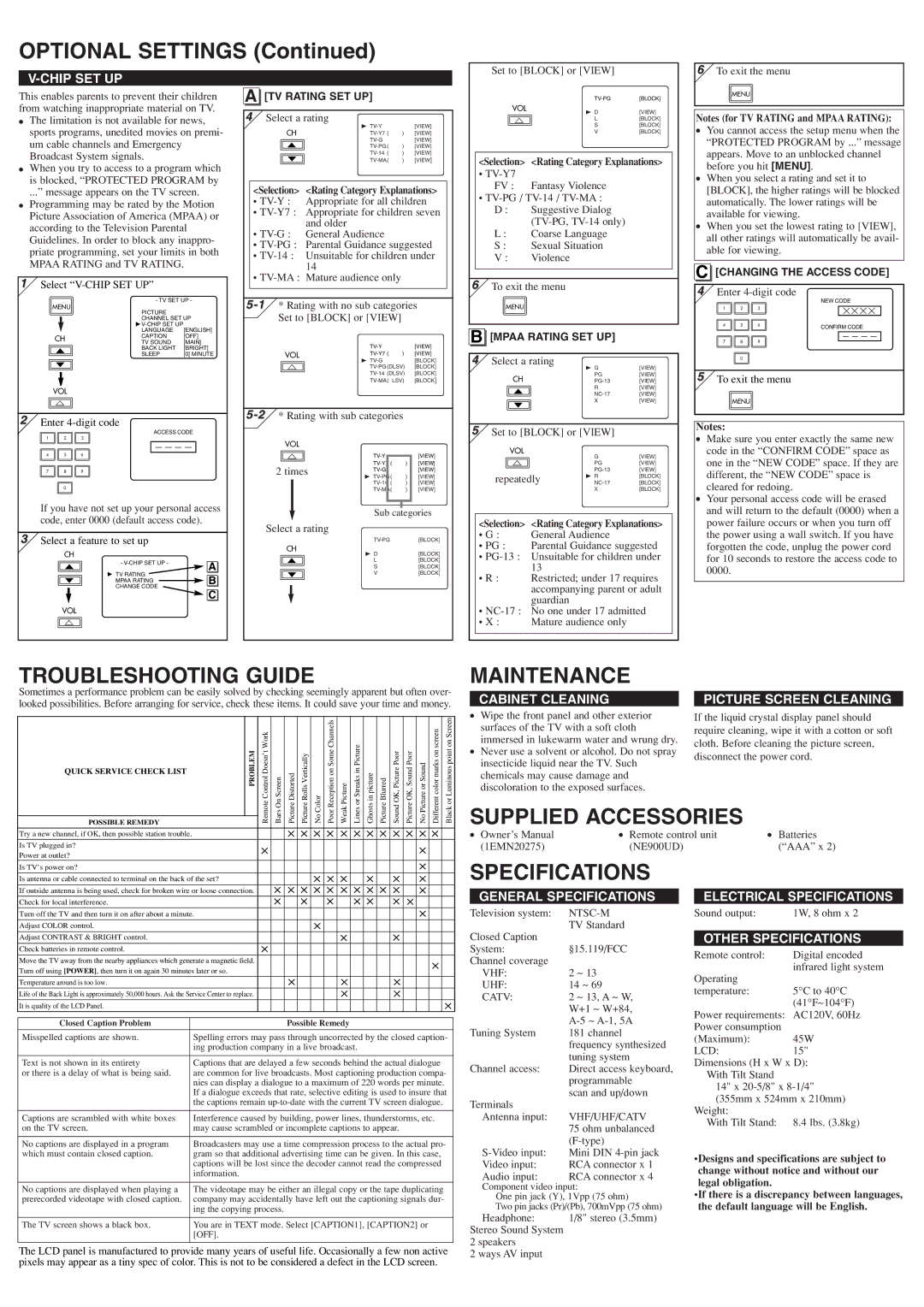 Sylvania 6615LF owner manual Optional Settings, Troubleshooting Guide, Maintenance, Specifications 