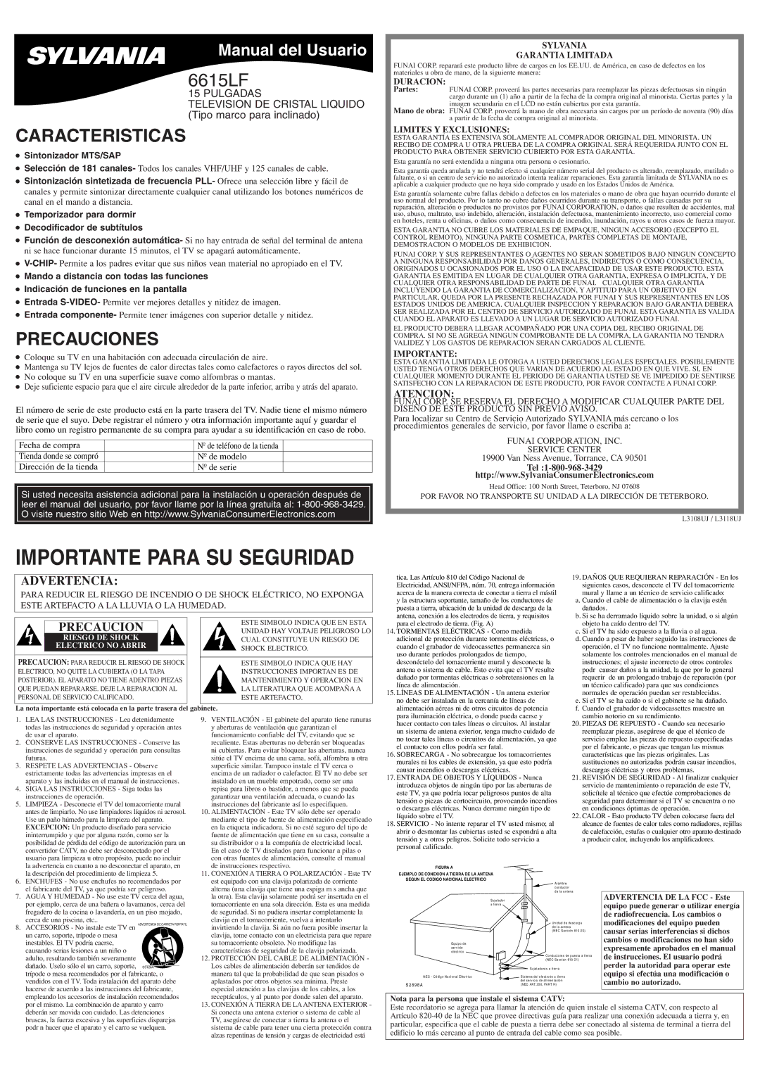 Sylvania 6615LF owner manual Caracteristicas, Precauciones, Atencion, Sintonizador MTS/SAP 