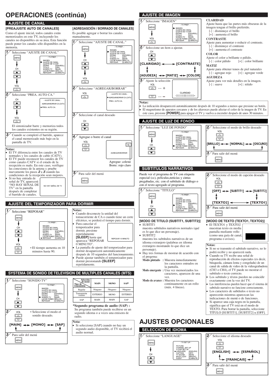 Sylvania 6615LF owner manual Operaciones continúa, Ajustes Opcionales 