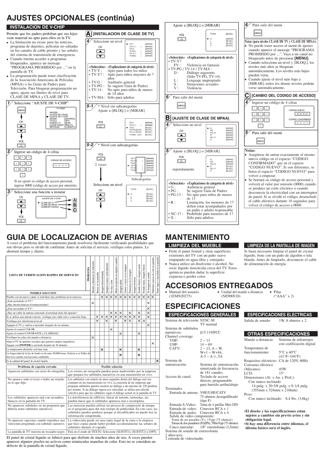 Sylvania 6615LF Ajustes Opcionales continúa, Guia DE Localizacion DE Averias, Mantenimiento, Accesorios Entregados 