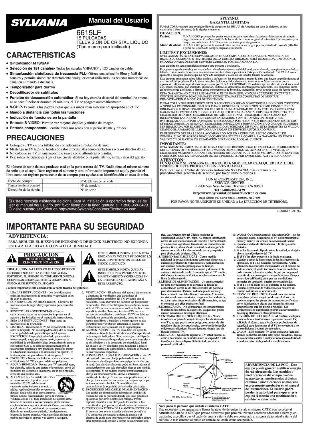 Sylvania 6615LF Caracteristicas, Precauciones, Manual del Usuario, Atencion, Sintonizador MTS/SAP, Duracion, Importante 