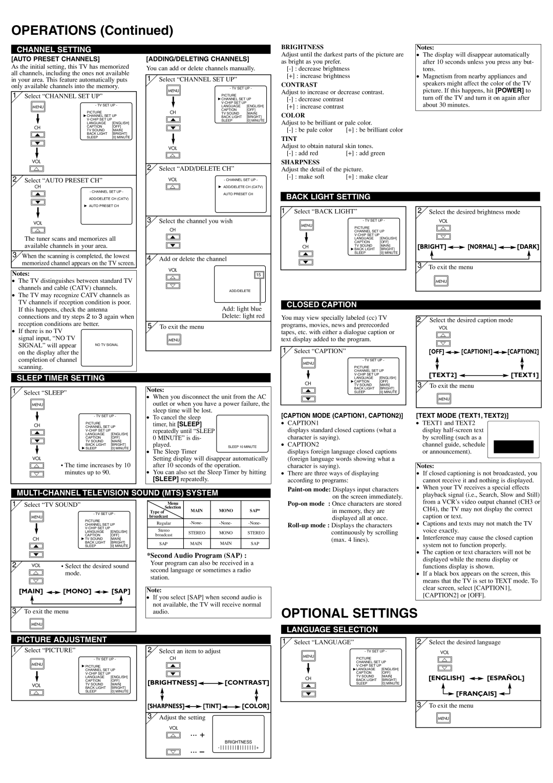 Sylvania 6615LF4 owner manual Operations, Optional Settings 