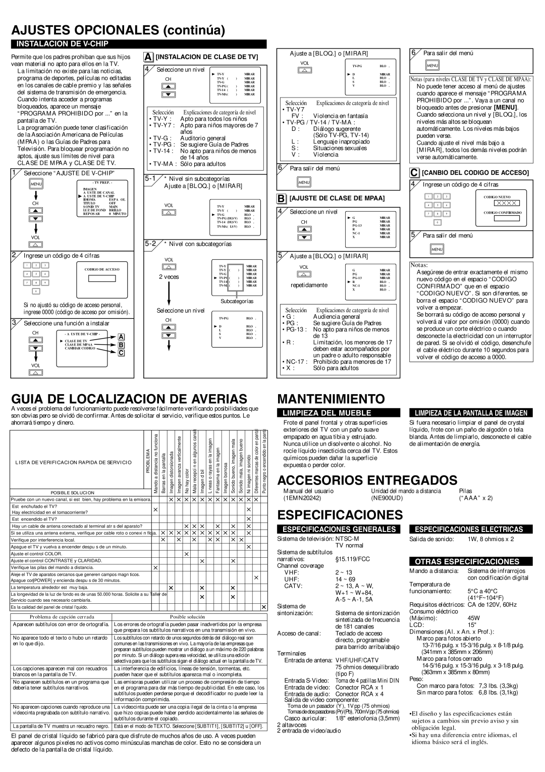 Sylvania 6615LF4 Ajustes Opcionales continúa, Guia DE Localizacion DE Averias, Mantenimiento, Accesorios Entregados 