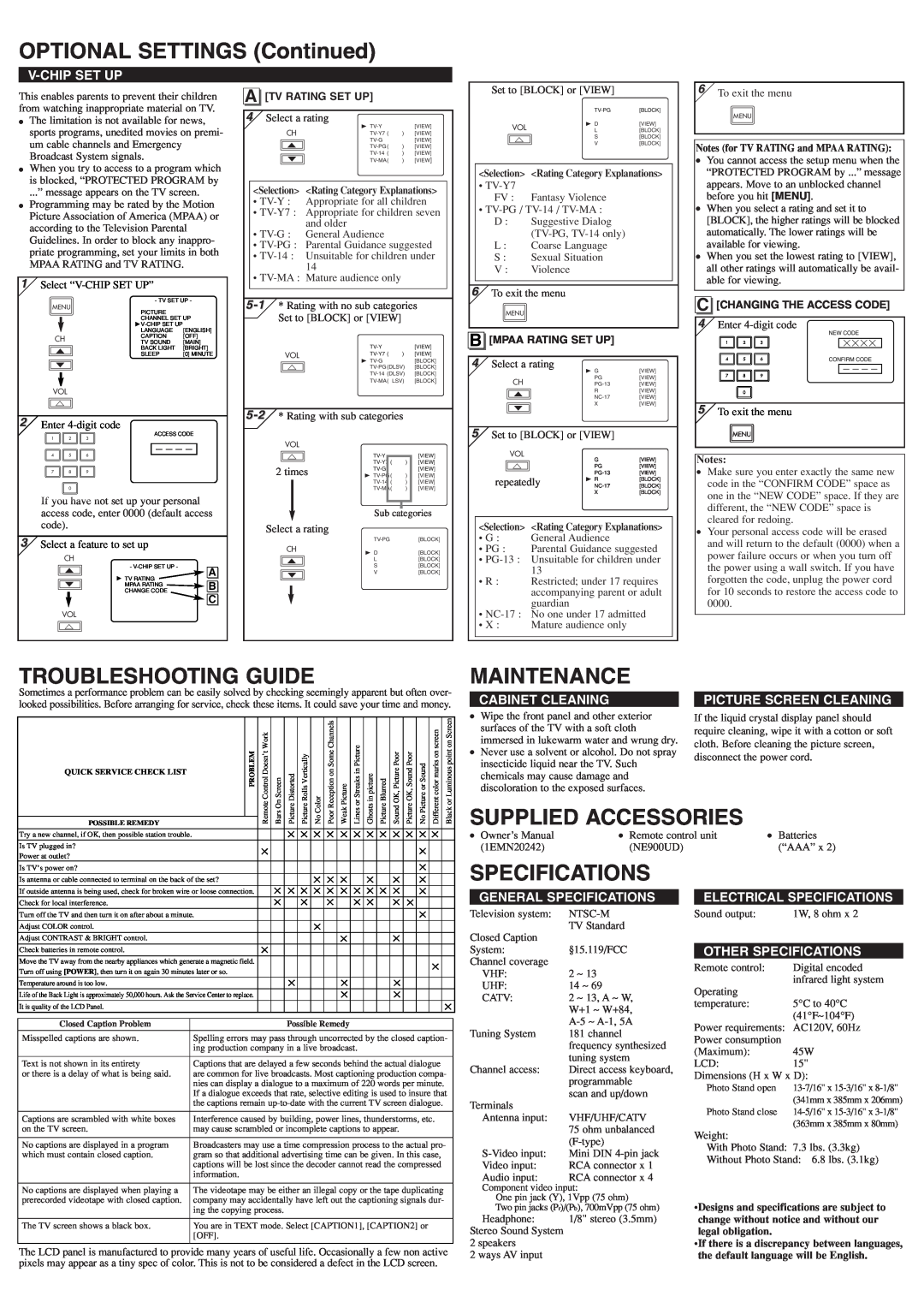 Sylvania 6615LF4 OPTIONAL SETTINGS Continued, Troubleshooting Guide, Maintenance, Specifications, V-Chip Set Up 