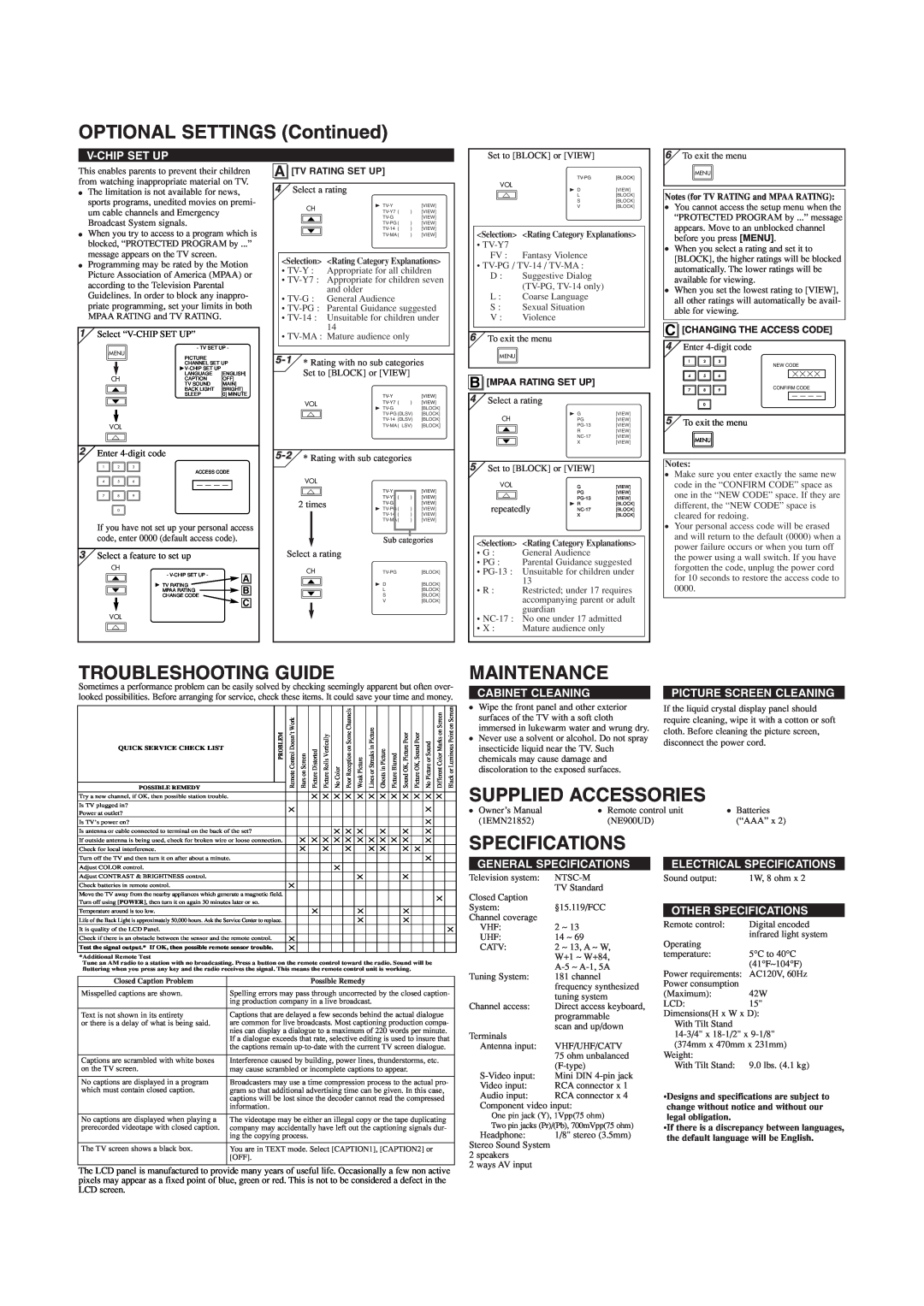 Sylvania 6615LG OPTIONAL SETTINGS Continued, Troubleshooting Guide, Maintenance, Supplied Accessories, Specifications 