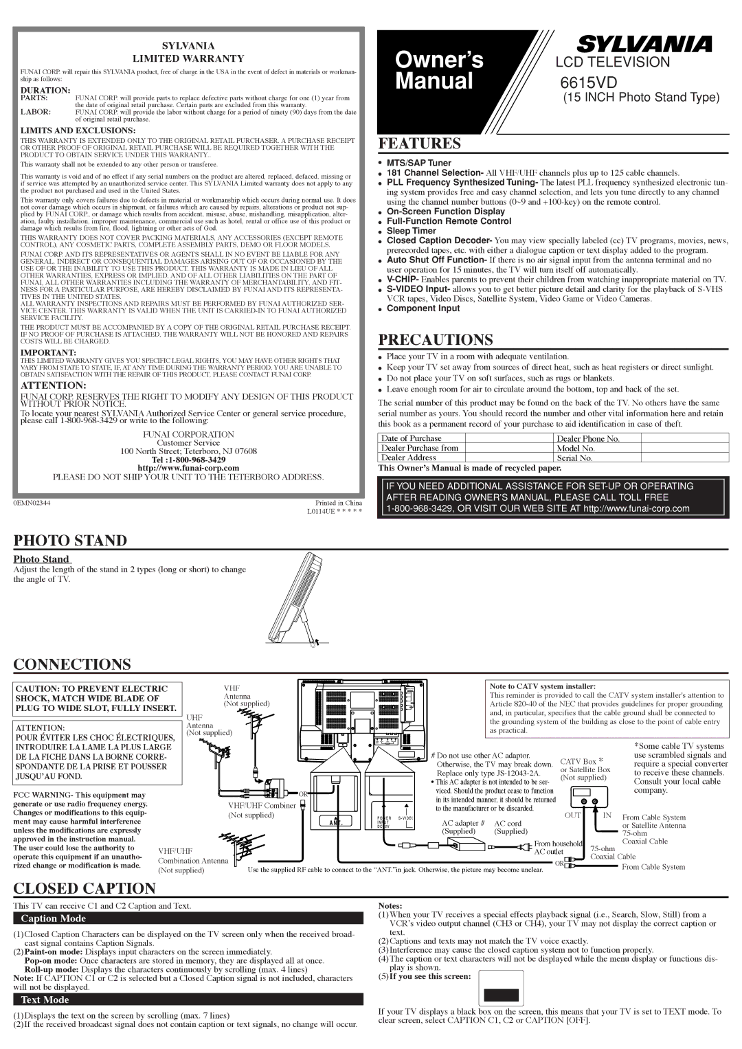 Sylvania 6615VD owner manual Features, Precautions, Photo Stand, Connections, Closed Caption 