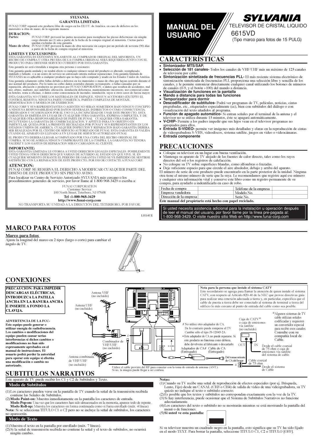 Sylvania 6615VD owner manual Características, Precauciones, Marco Para Fotos, Conexiones, Subtitulos Narrativos 