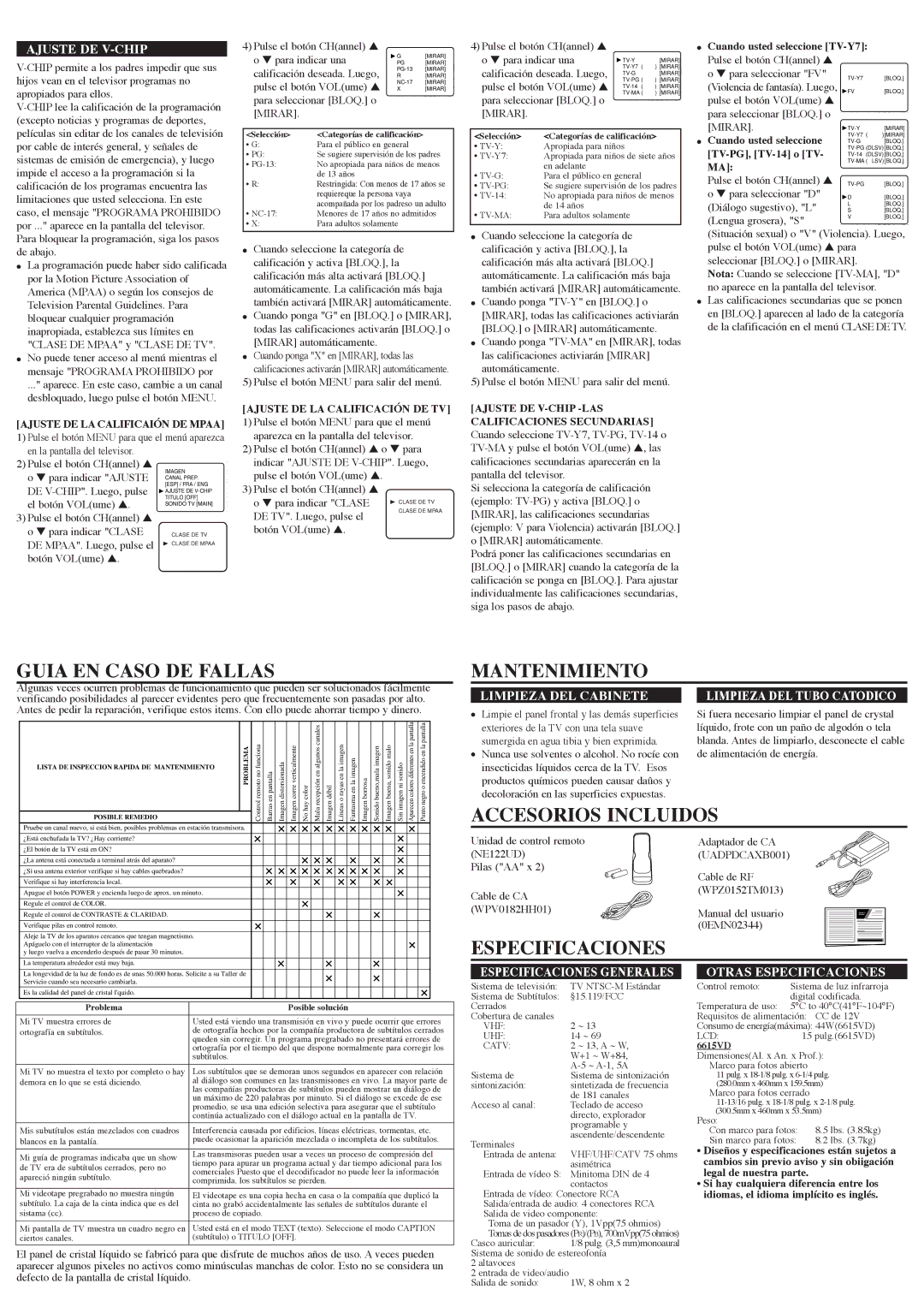 Sylvania 6615VD owner manual Guia EN Caso DE Fallas, Mantenimiento, Accesorios Incluidos, Especificaciones 