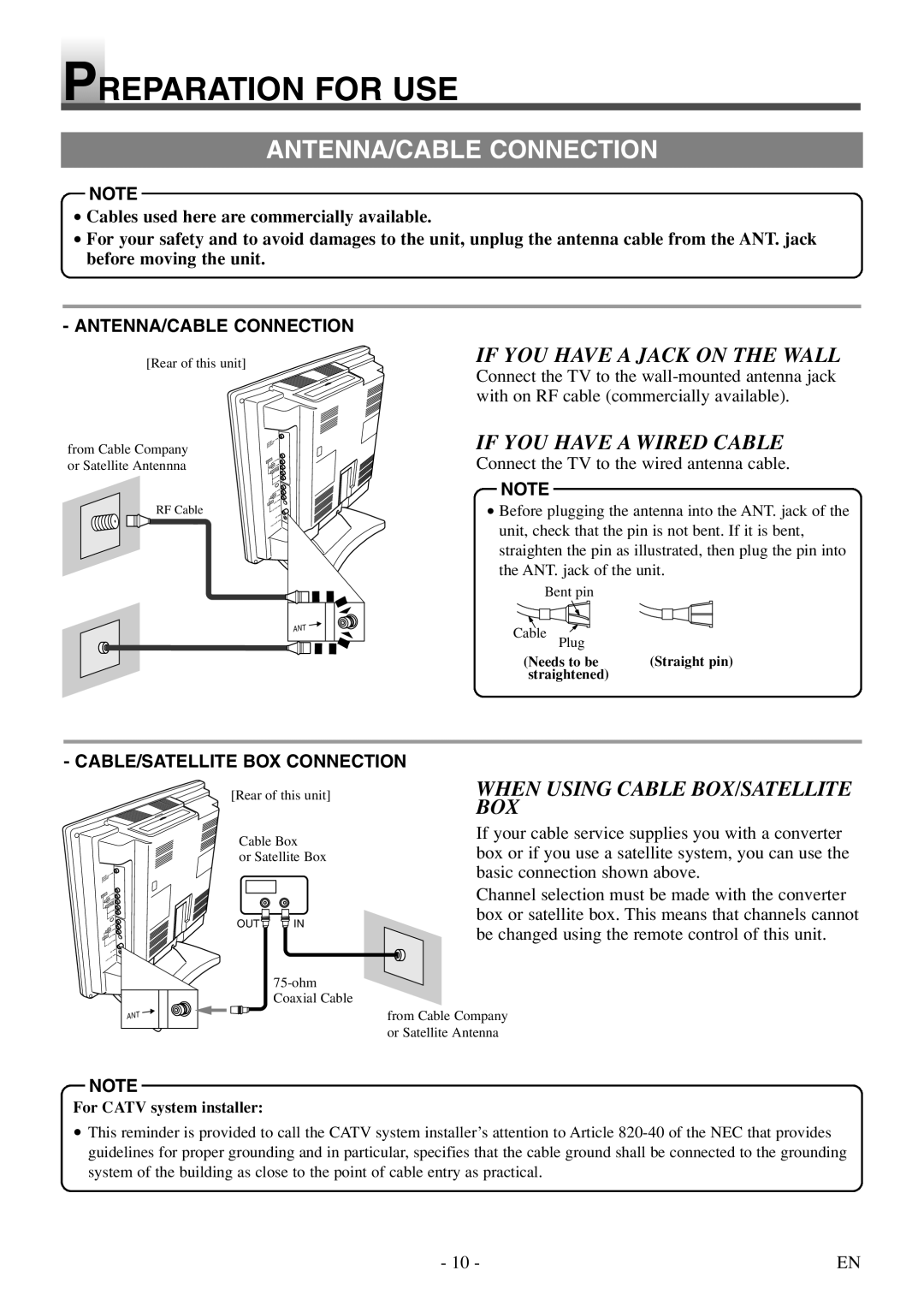 Sylvania 6620 LDF Preparation for USE, ANTENNA/CABLE Connection, If YOU have a Jack on the Wall, If YOU have a Wired Cable 