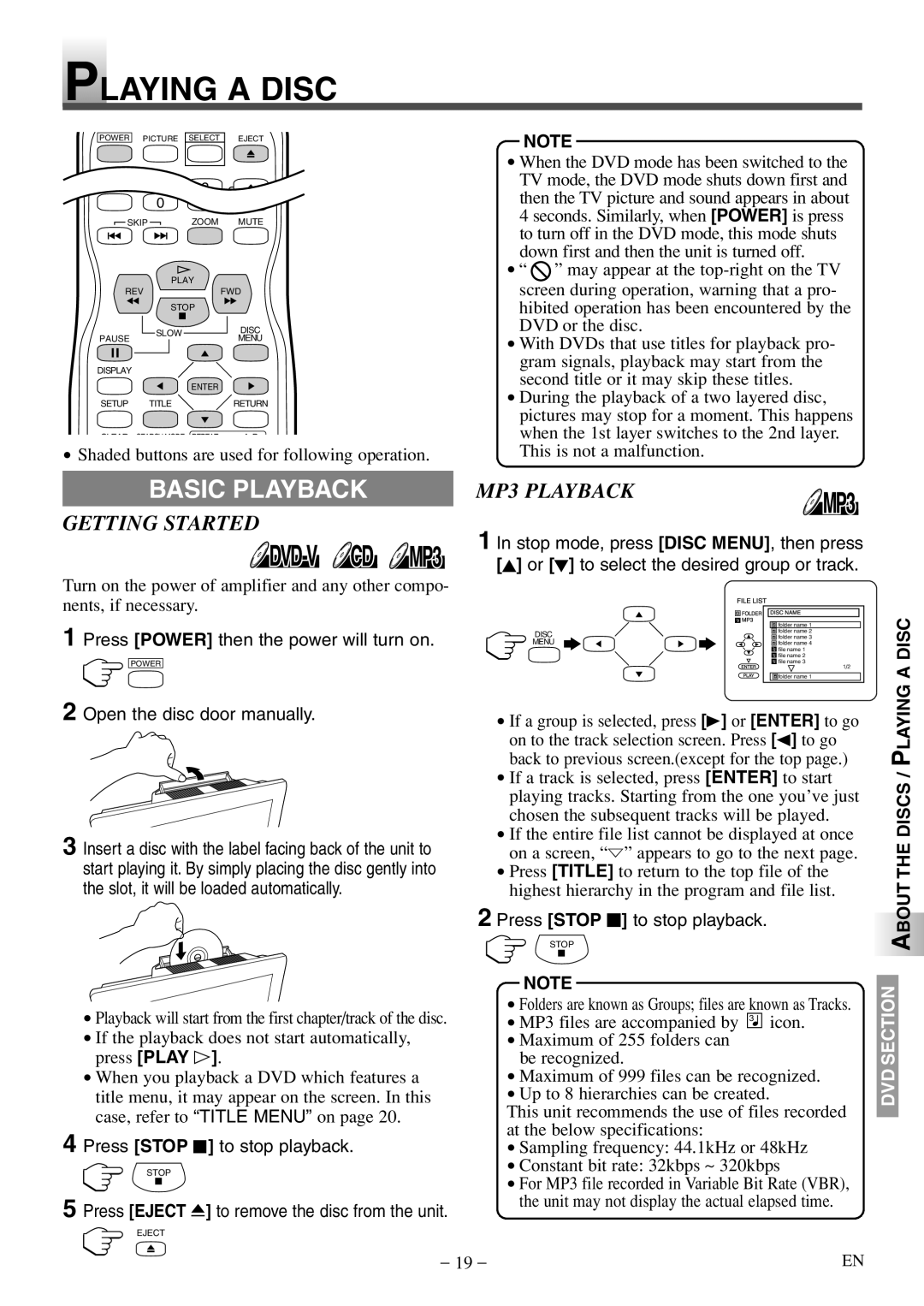 Sylvania 6620 LDF manual Playing a Disc, Basic Playback, Getting Started, MP3 Playback 