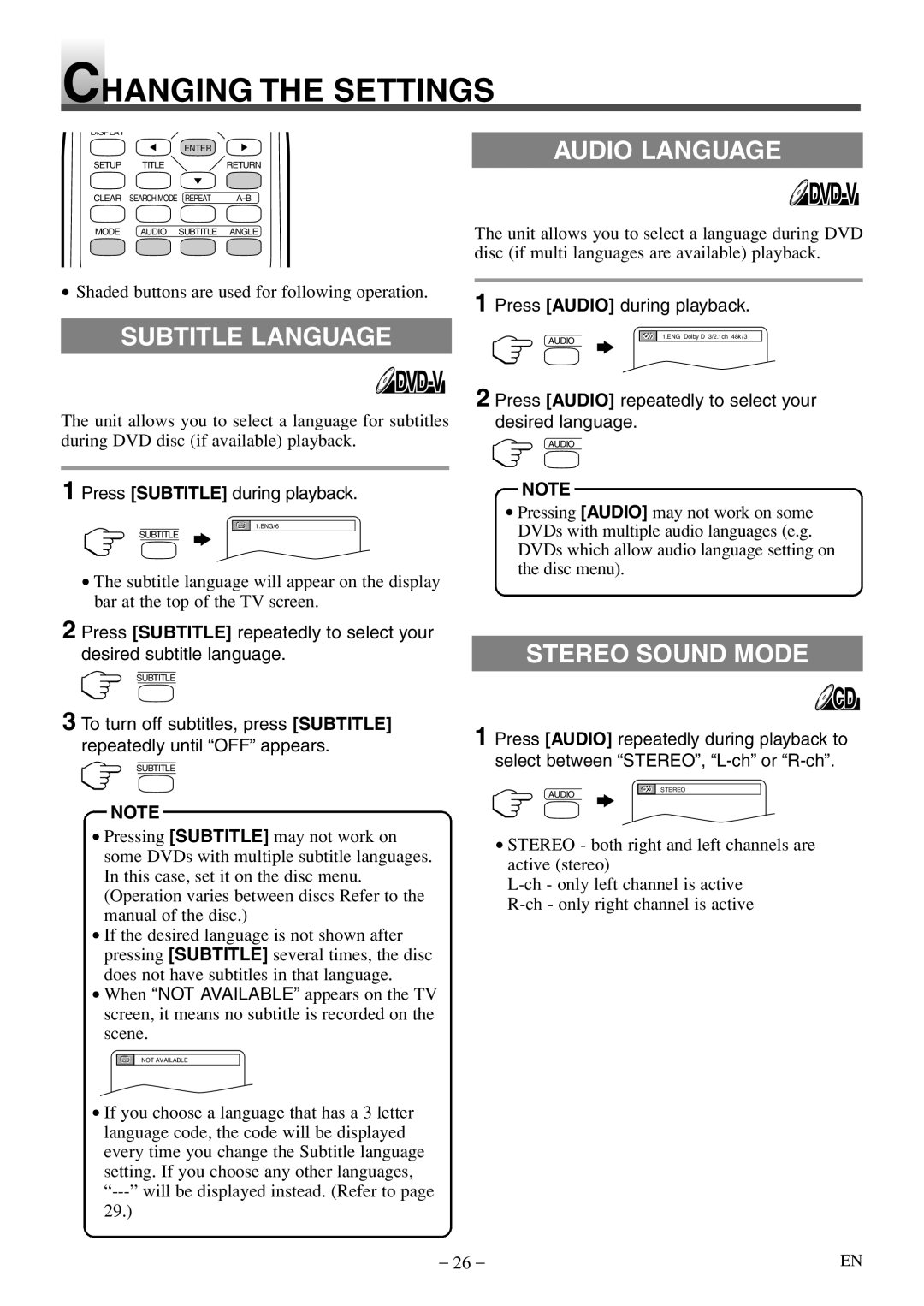 Sylvania 6620 LDF manual Changing the Settings, Audio Language, Subtitle Language, Stereo Sound Mode 