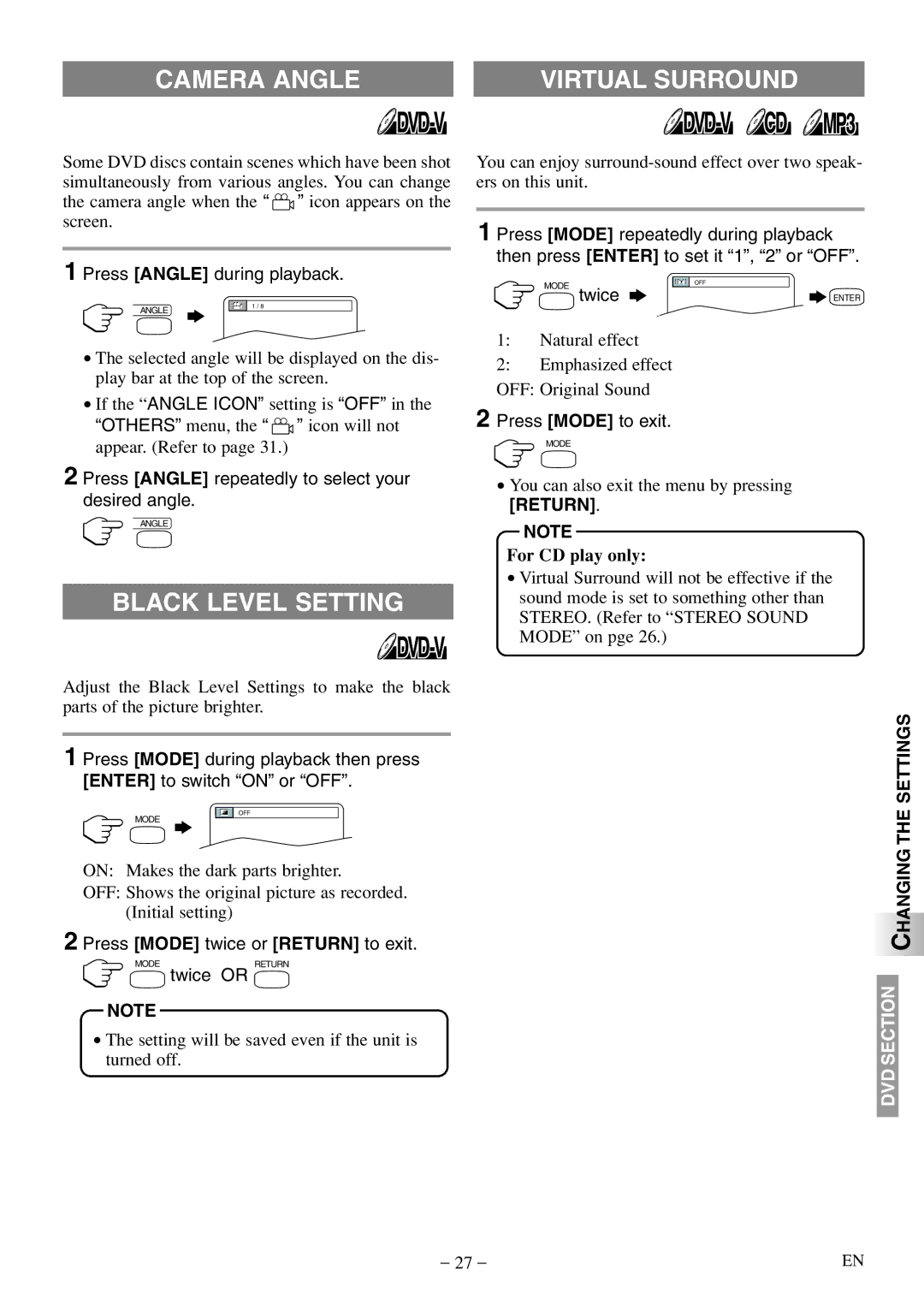 Sylvania 6620 LDF manual Camera Angle, Black Level Setting, Return, For CD play only, Changing the Settings 