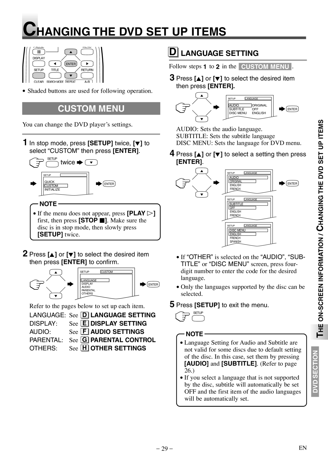 Sylvania 6620 LDF manual Changing the DVD SET UP Items, Custom Menu, Language Setting 