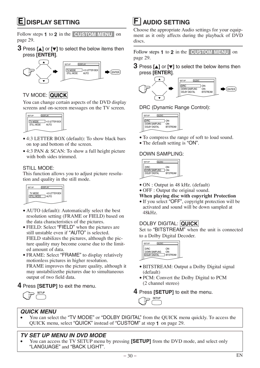 Sylvania 6620 LDF manual Display Setting, Audio Setting, When playing disc with copyright Protection 