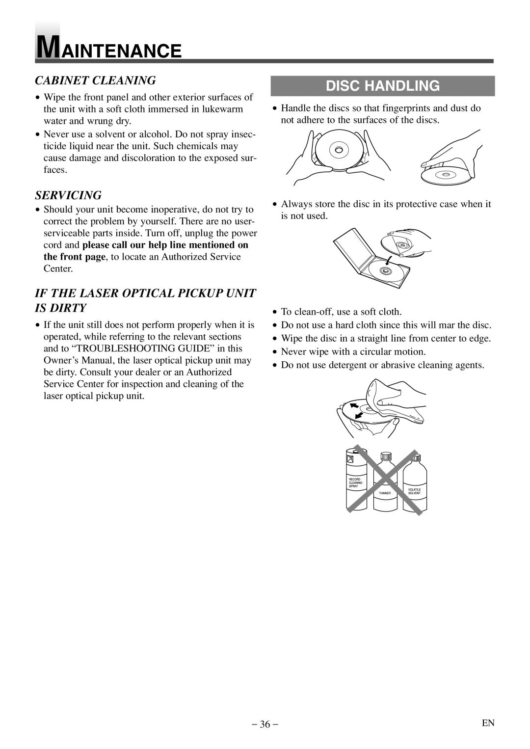 Sylvania 6620 LDF manual Maintenance, Disc Handling, Cabinet Cleaning, Servicing, If the Laser Optical Pickup Unit is Dirty 