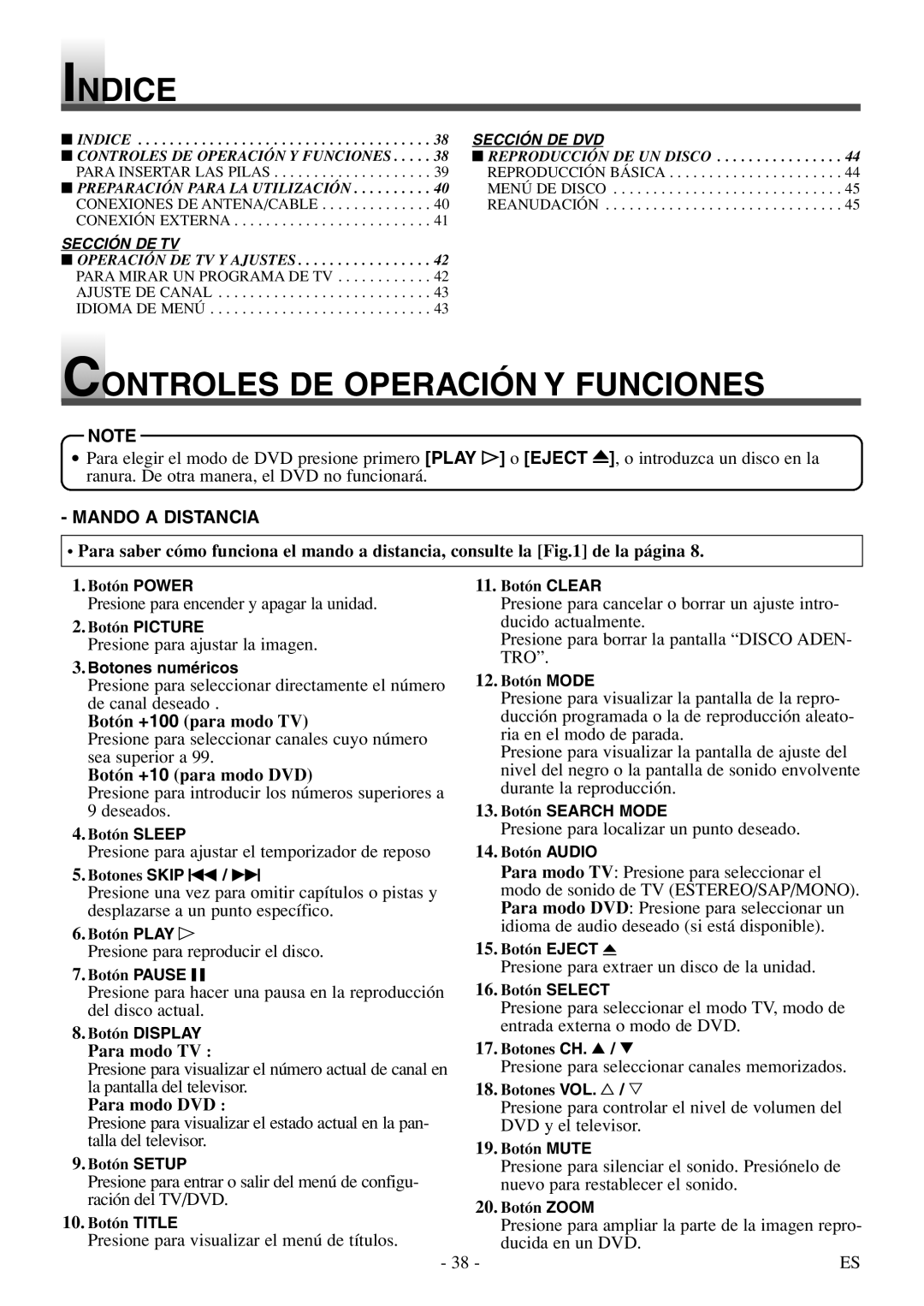 Sylvania 6620 LDF manual Indice, Controles DE Operación Y Funciones, Mando a Distancia 