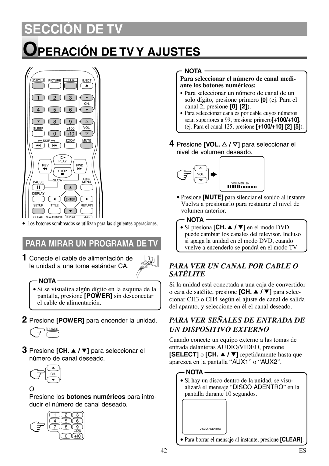 Sylvania 6620 LDF manual Operación DE TV Y Ajustes, Para VER UN Canal POR Cable O Satélite 